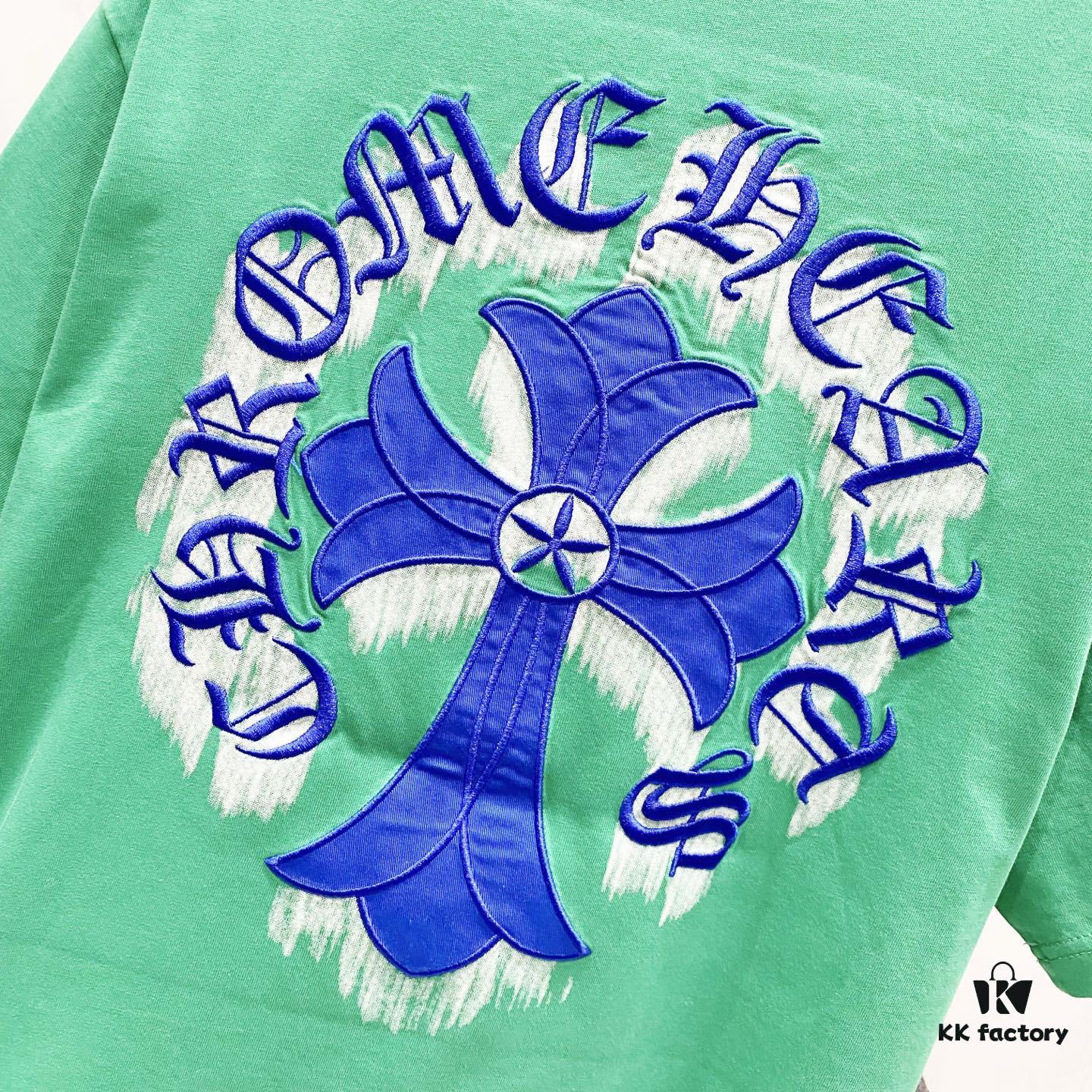 Chrome Hearts 320g Washed Short Sleeve T-Shirt with Embroidered Sanskrit Logo and Cross Patch