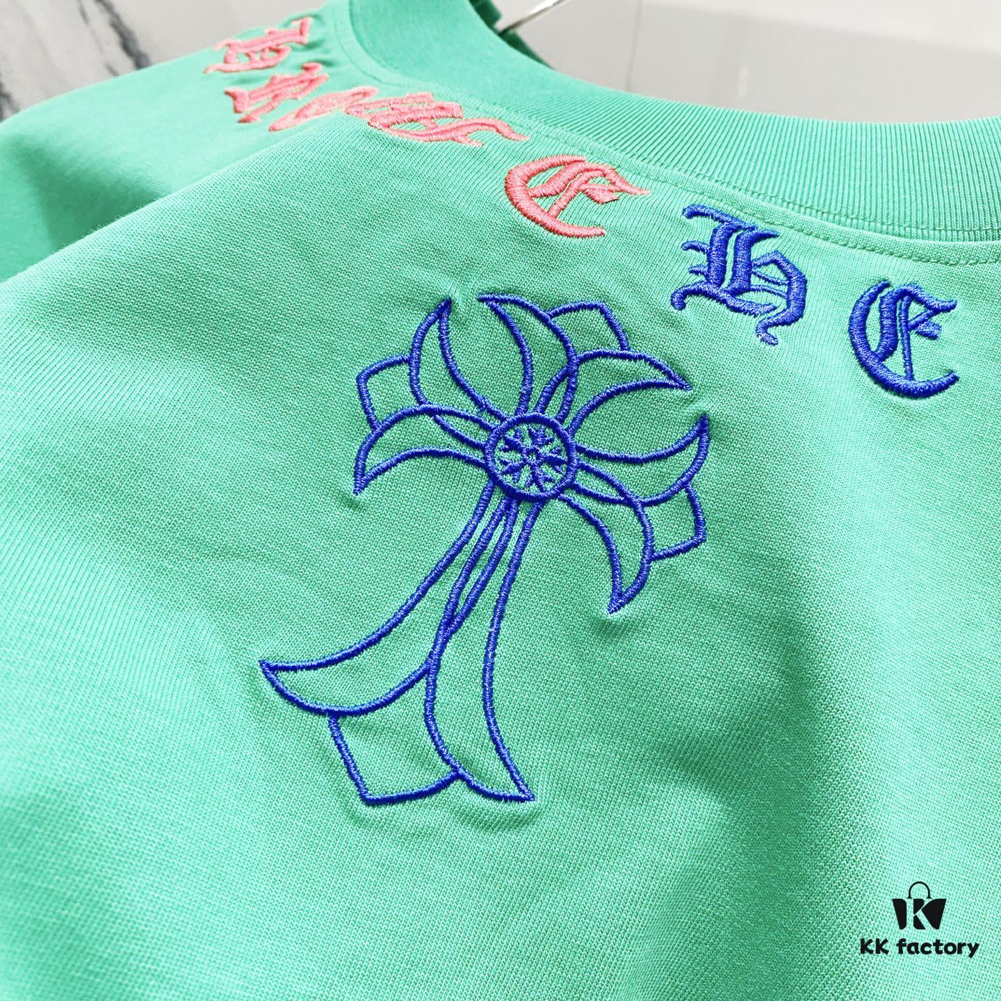 Chrome Hearts 320g Washed Short Sleeve T-Shirt with Embroidered Sanskrit Logo and Cross Patch