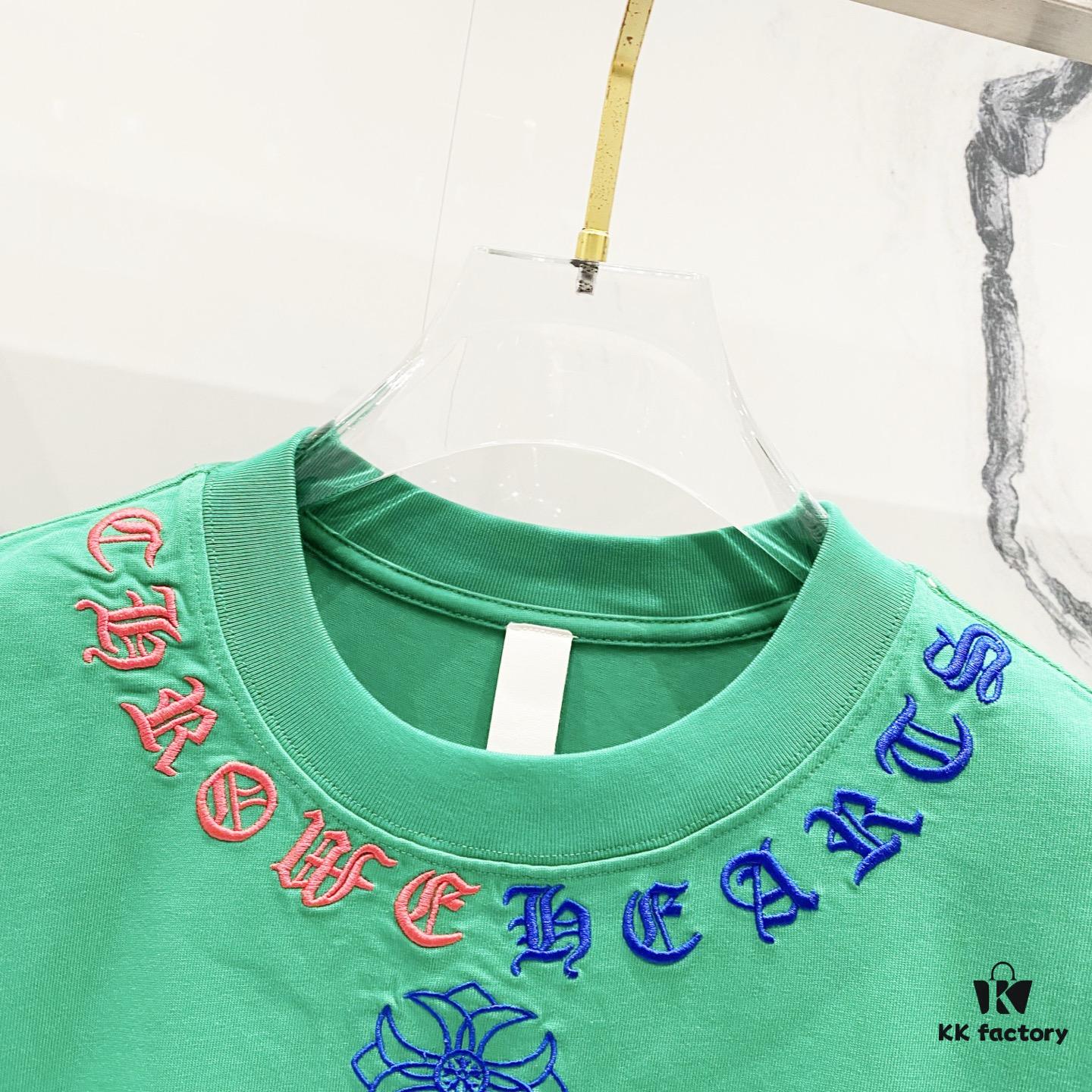 Chrome Hearts 320g Washed Short Sleeve T-Shirt with Embroidered Sanskrit Logo and Cross Patch