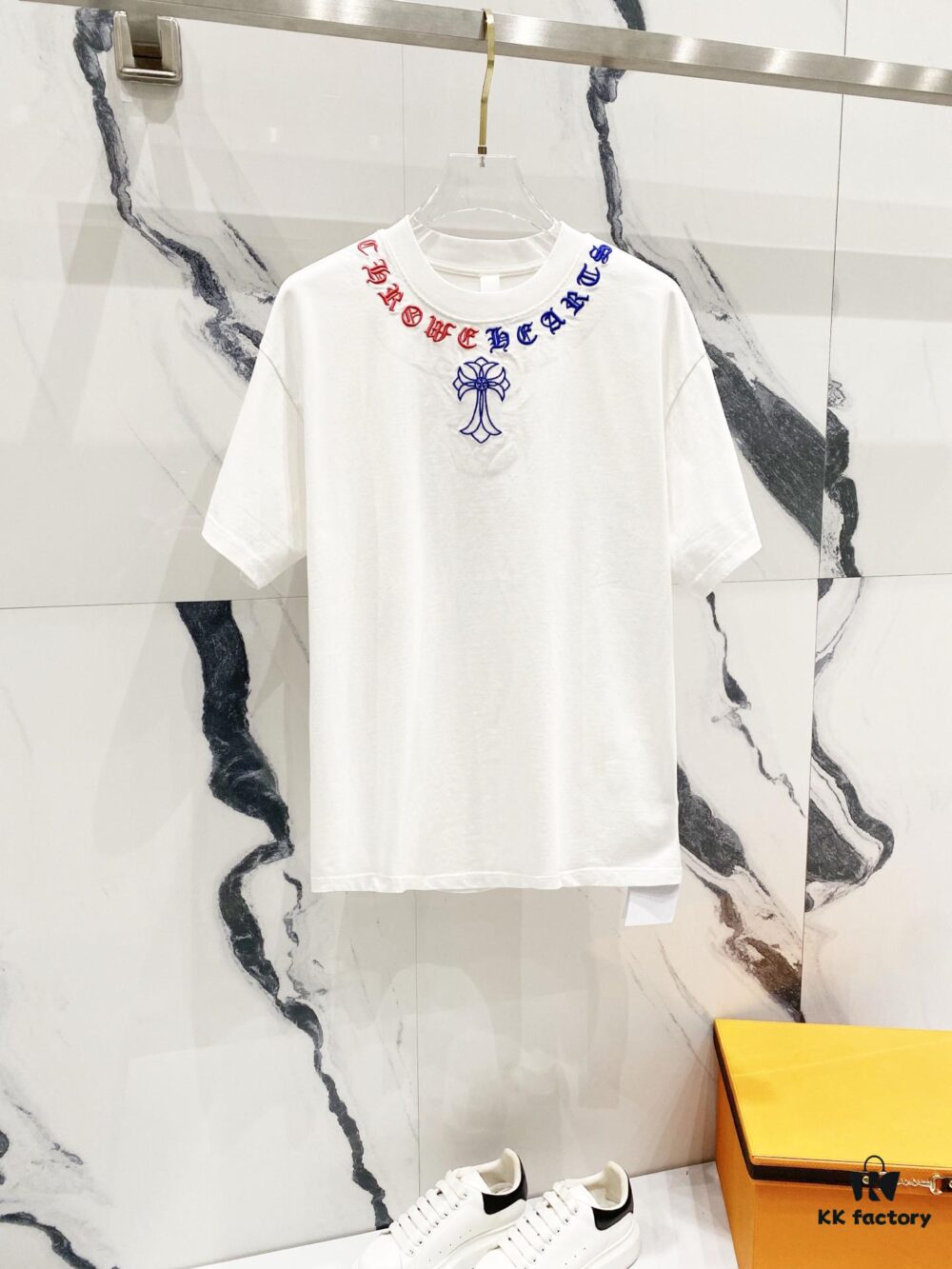 Chrome Hearts 320g Washed Short Sleeve T-Shirt with Embroidered Sanskrit Logo and Cross Patch