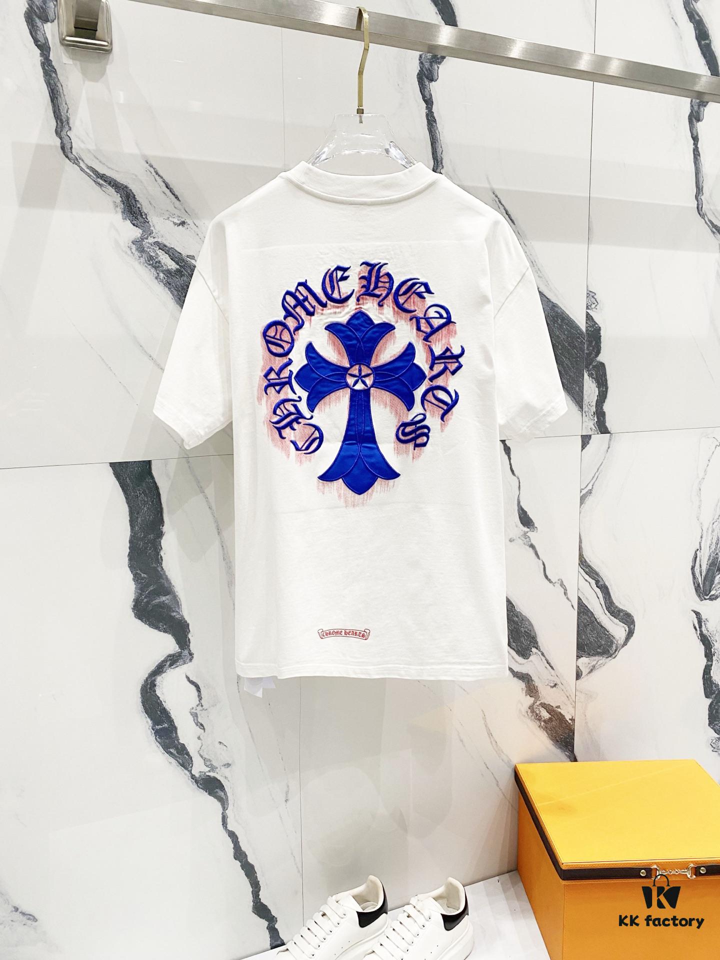 Chrome Hearts 320g Washed Short Sleeve T-Shirt with Embroidered Sanskrit Logo and Cross Patch