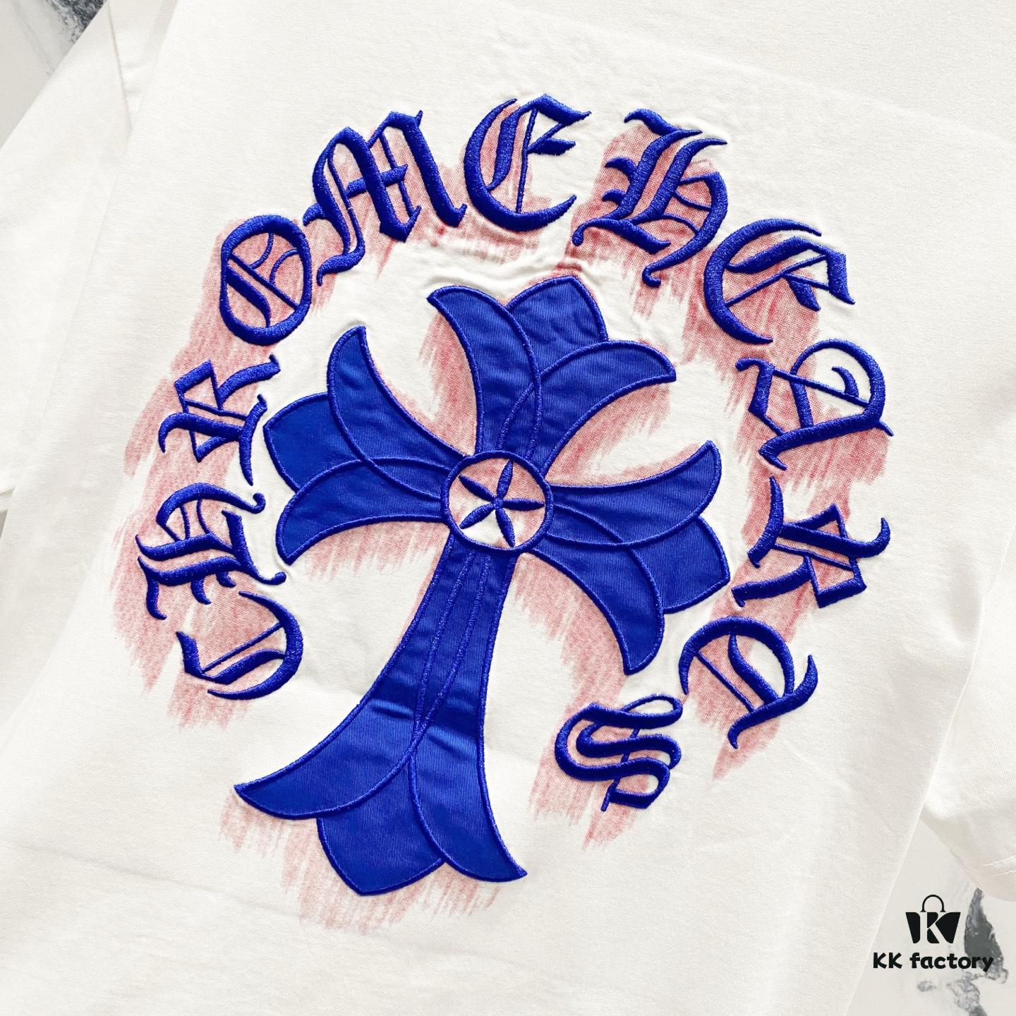 Chrome Hearts 320g Washed Short Sleeve T-Shirt with Embroidered Sanskrit Logo and Cross Patch