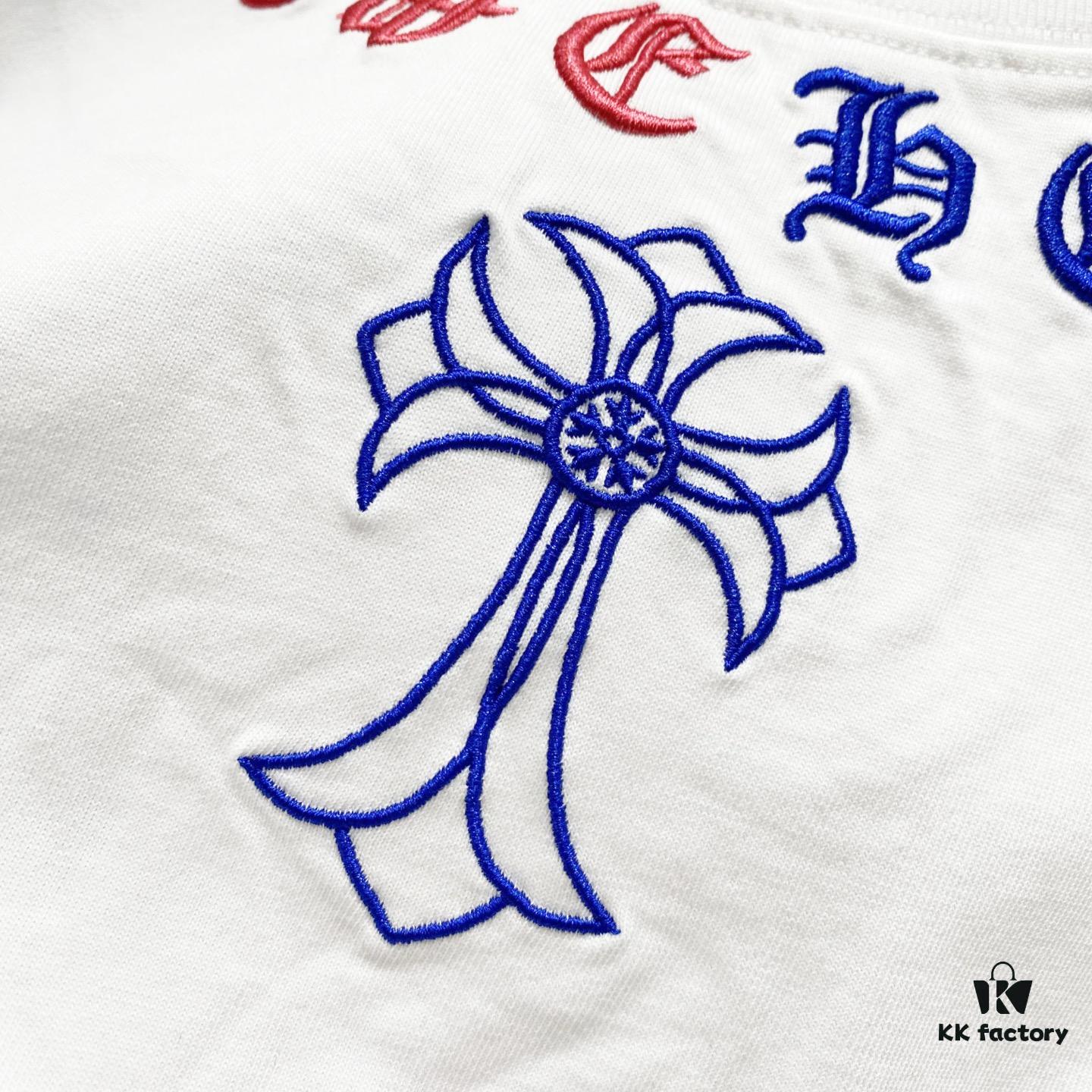 Chrome Hearts 320g Washed Short Sleeve T-Shirt with Embroidered Sanskrit Logo and Cross Patch