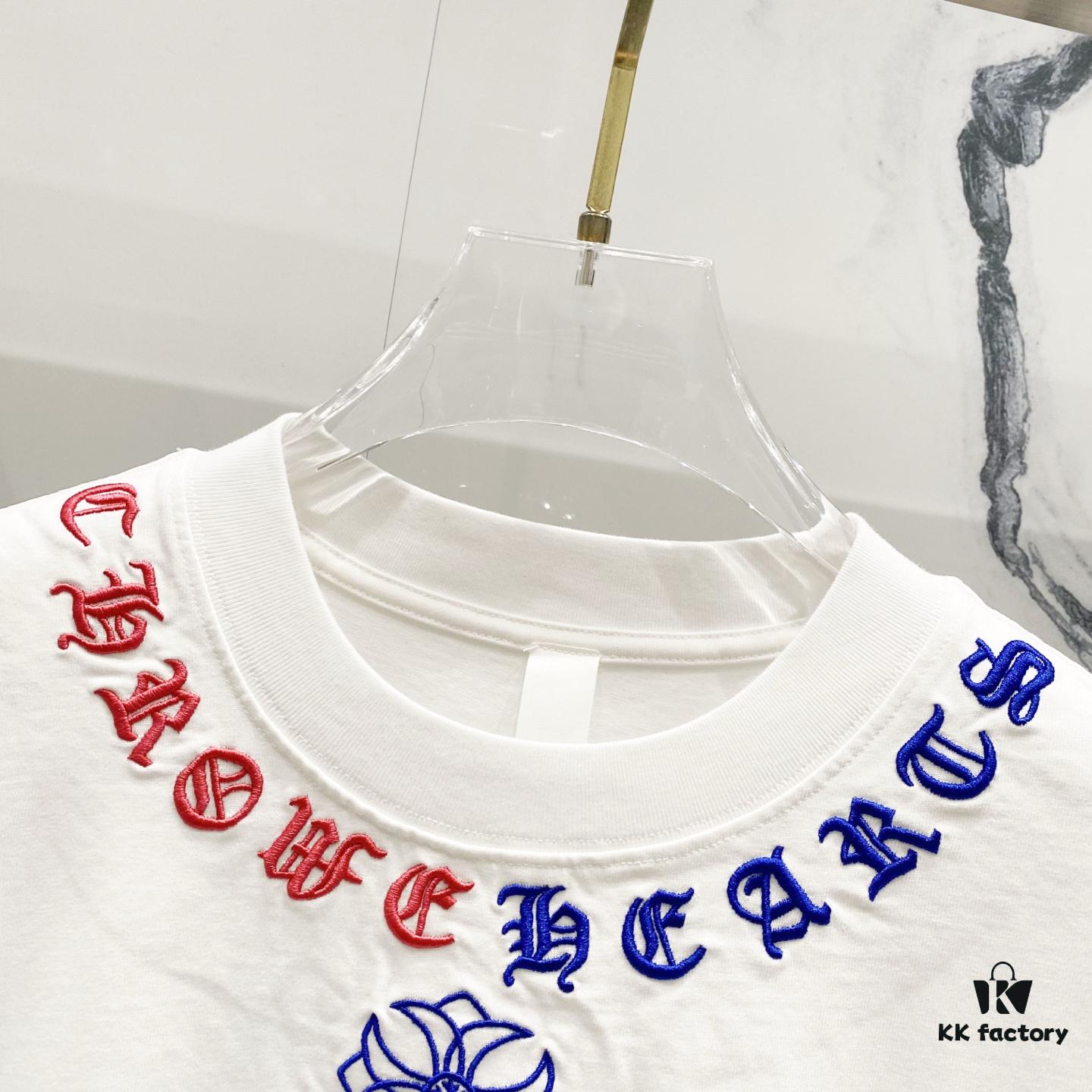 Chrome Hearts 320g Washed Short Sleeve T-Shirt with Embroidered Sanskrit Logo and Cross Patch