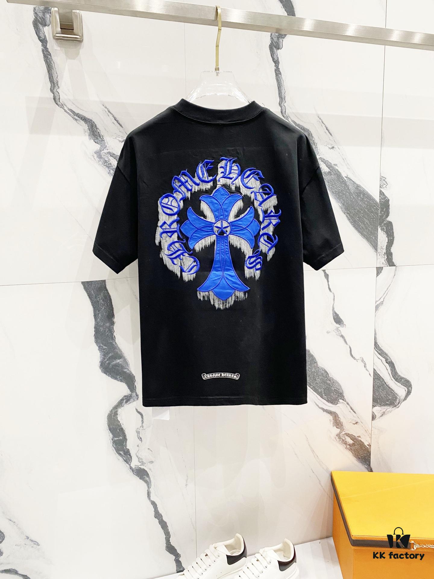 Chrome Hearts 320g Washed Cotton Short Sleeve T-Shirt with Embroidered Sanskrit Logo and Cross Patch