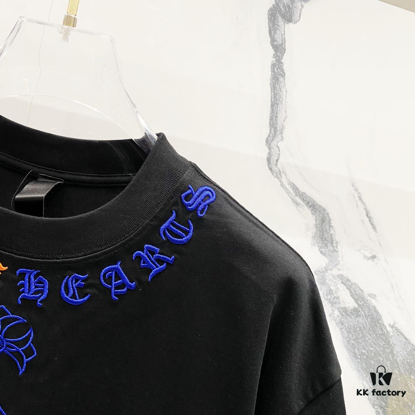 Chrome Hearts 320g Washed Cotton Short Sleeve T-Shirt with Embroidered Sanskrit Logo and Cross Patch