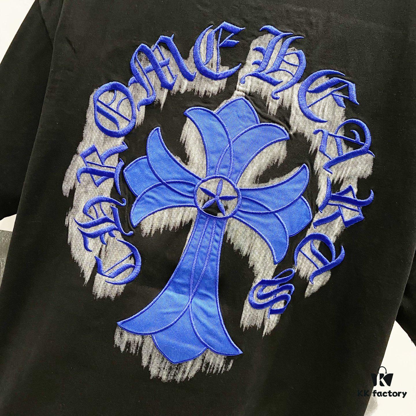 Chrome Hearts 320g Washed Cotton Short Sleeve T-Shirt with Embroidered Sanskrit Logo and Cross Patch