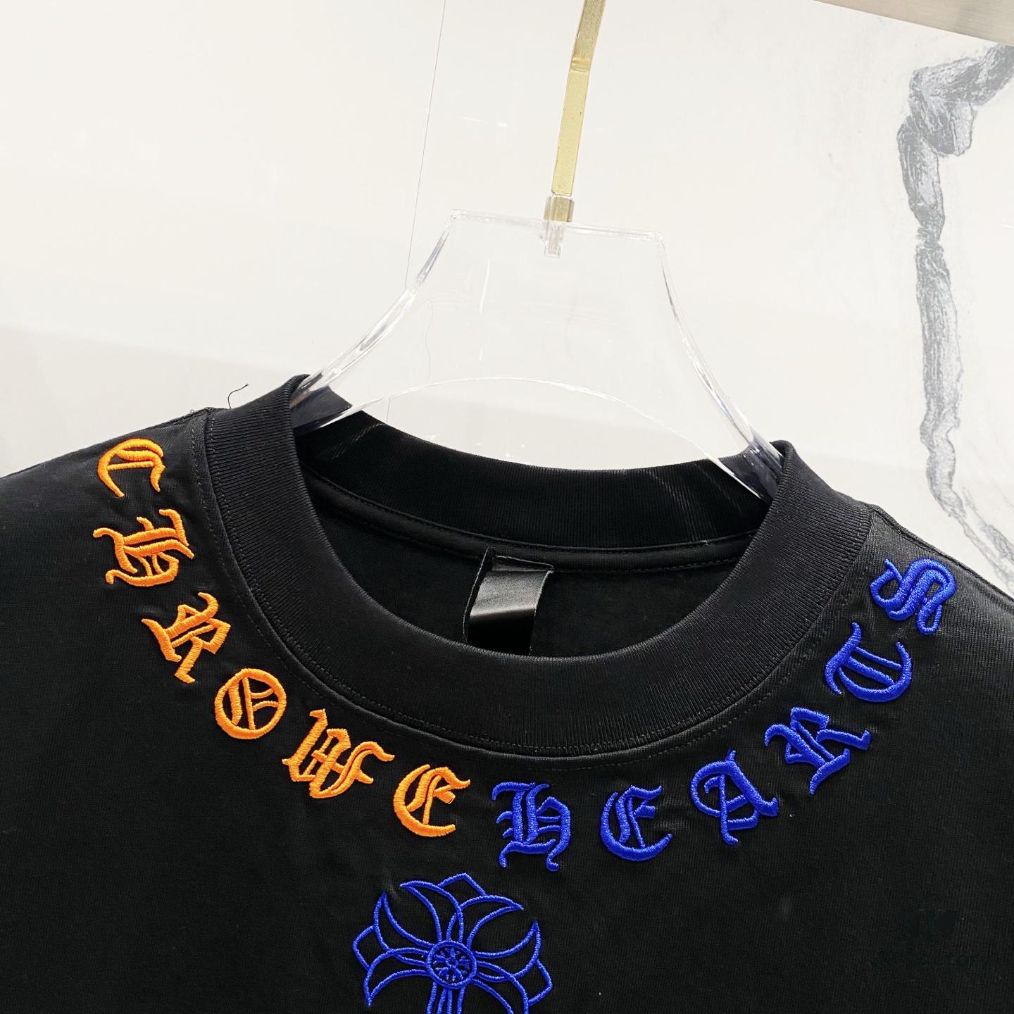 Chrome Hearts 320g Washed Cotton Short Sleeve T-Shirt with Embroidered Sanskrit Logo and Cross Patch