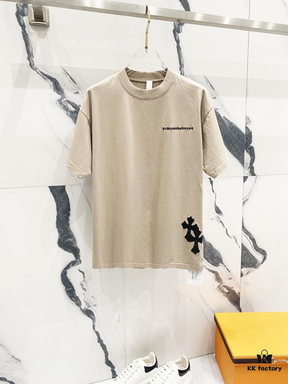 Chrome Hearts 320g Washed Short Sleeve T-Shirt with Embroidered Logo, Leather Patch and Cross Design