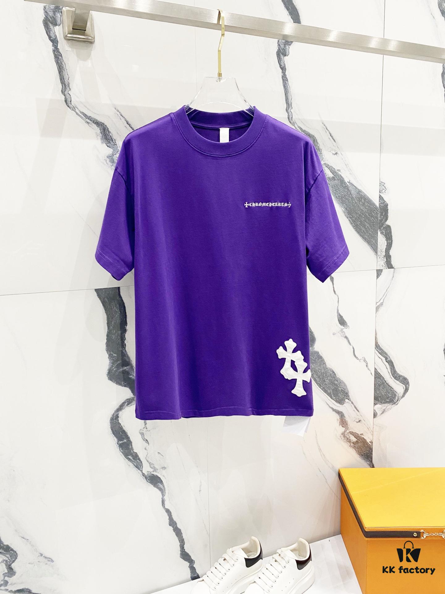 Chrome Hearts 320g Washed Cotton Short Sleeve T-Shirt with Embroidered Logo, Leather Patch and Cross Design