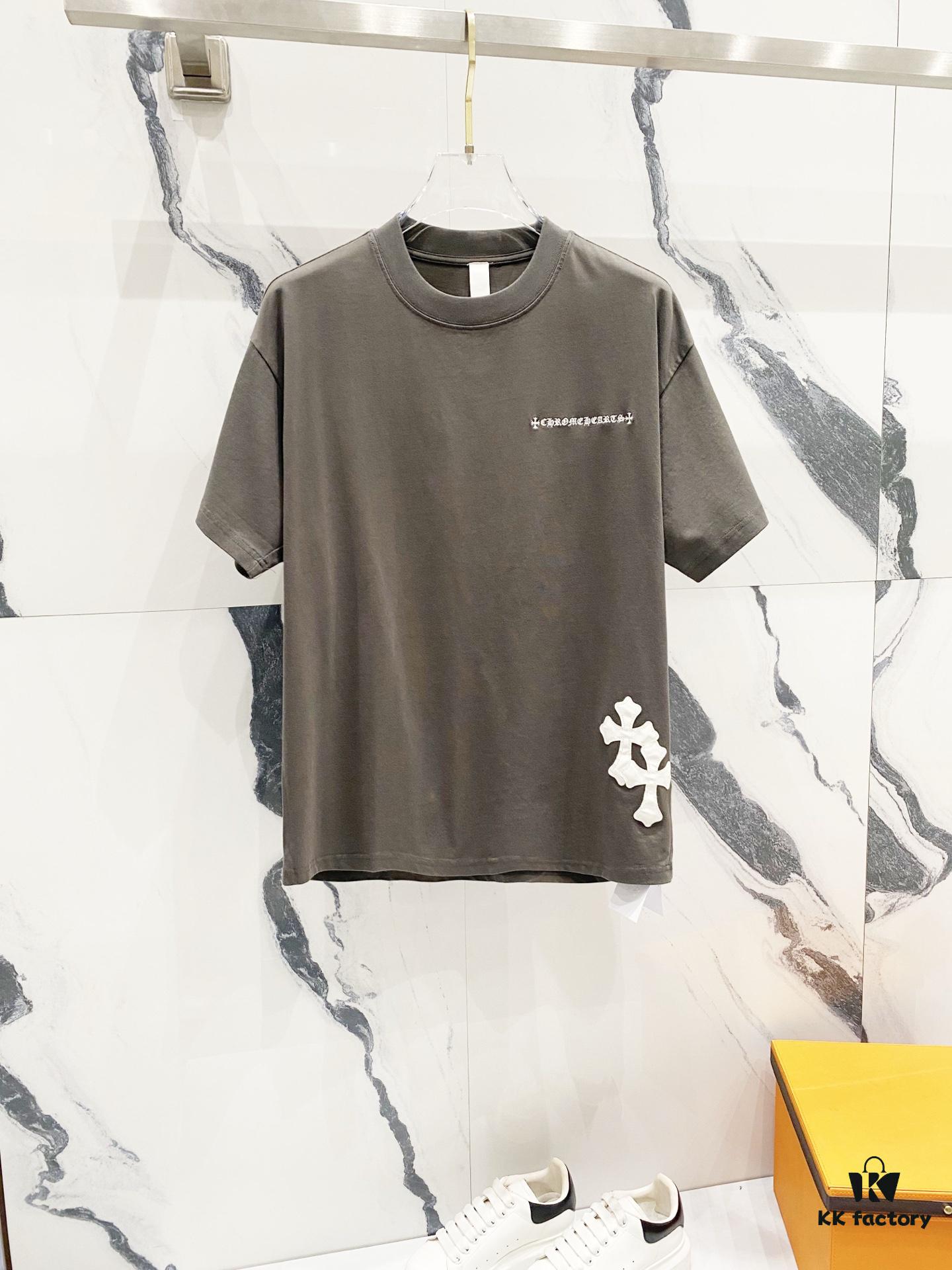 Chrome Hearts 320g Washed Cotton Short Sleeve T-Shirt with Embroidered Logo, Leather Patch and Cross Design