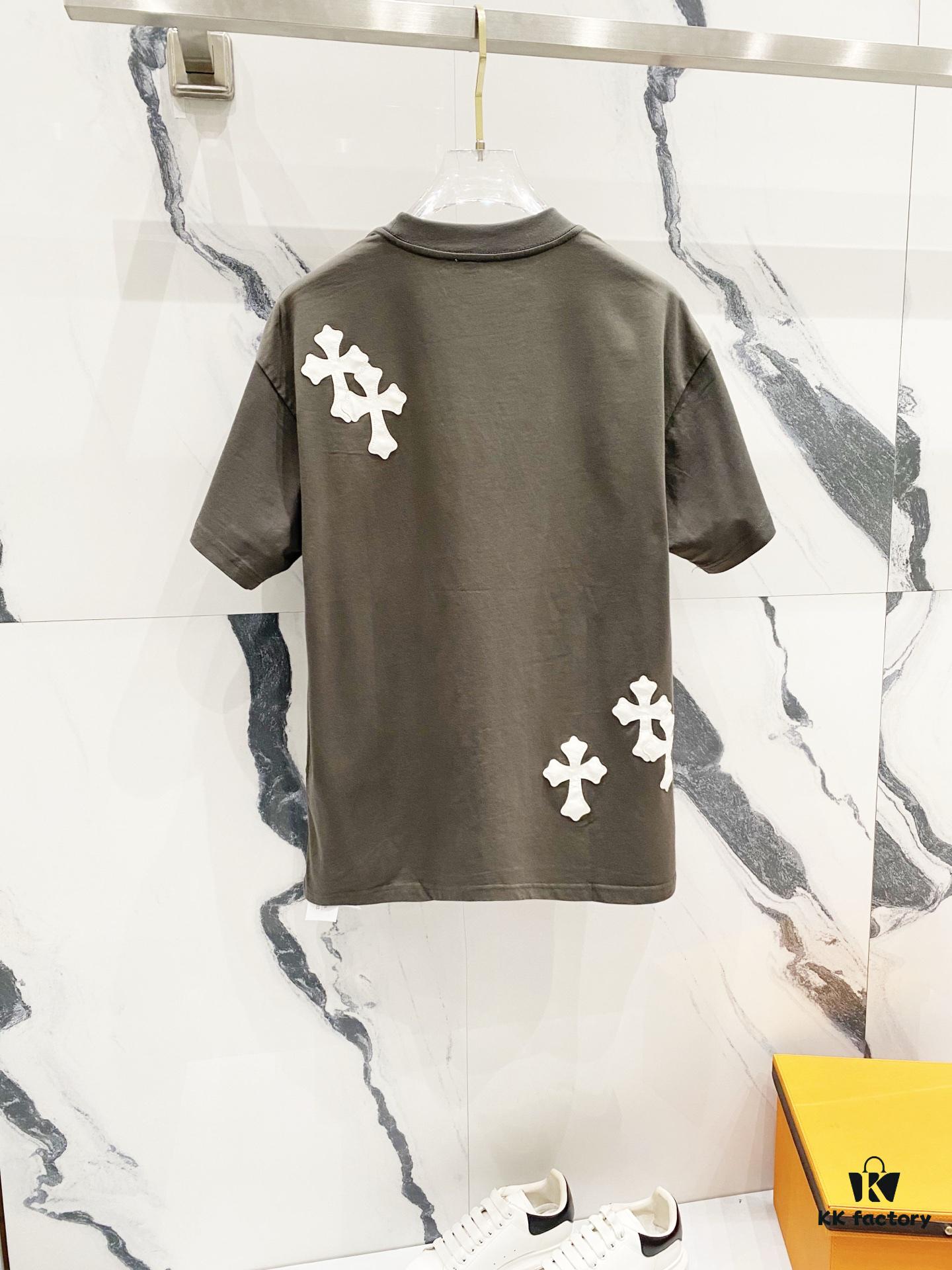 Chrome Hearts 320g Washed Cotton Short Sleeve T-Shirt with Embroidered Logo, Leather Patch and Cross Design