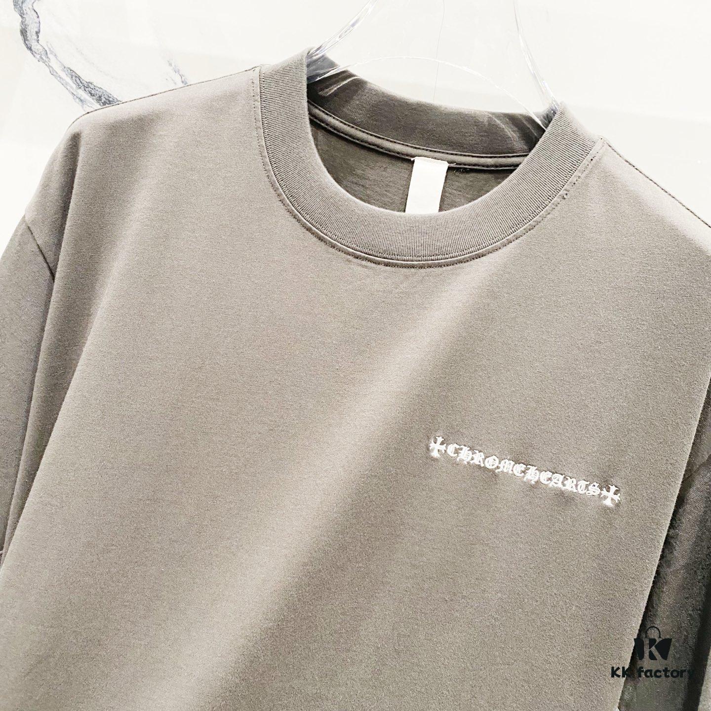 Chrome Hearts 320g Washed Cotton Short Sleeve T-Shirt with Embroidered Logo, Leather Patch and Cross Design