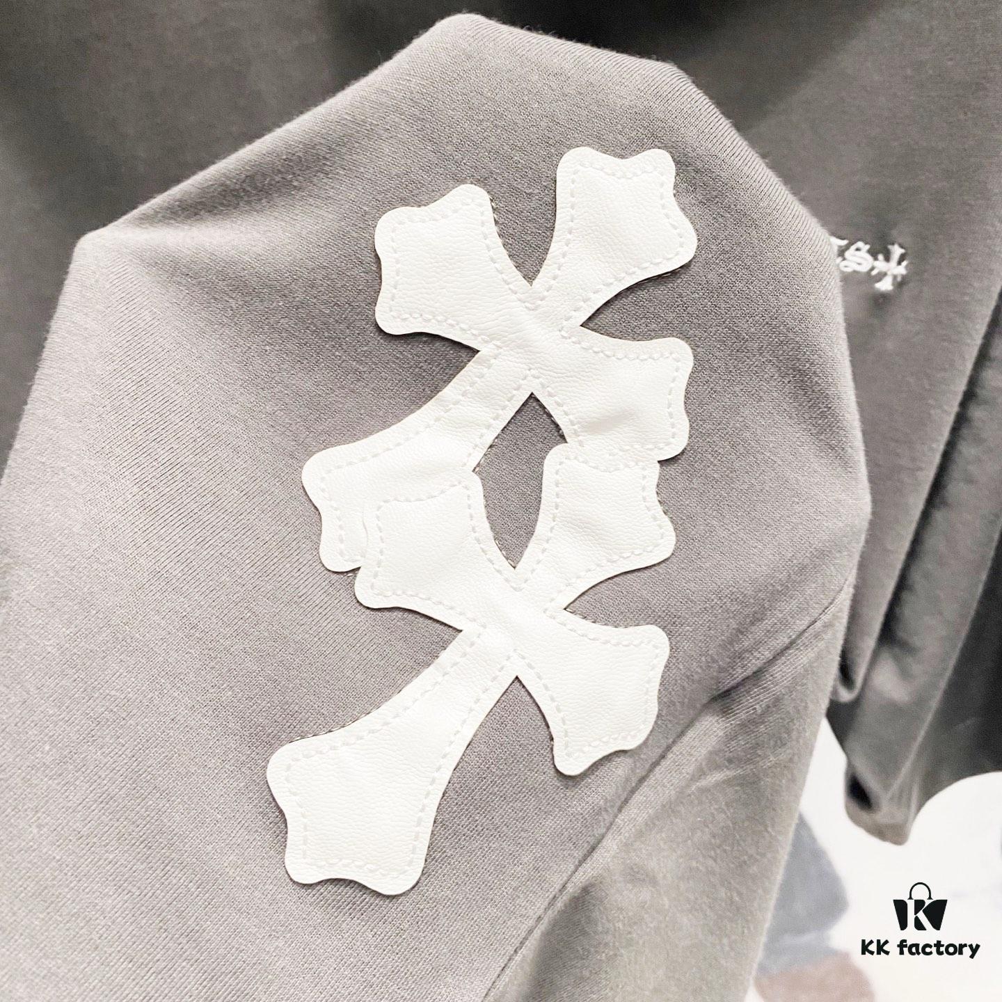 Chrome Hearts 320g Washed Cotton Short Sleeve T-Shirt with Embroidered Logo, Leather Patch and Cross Design