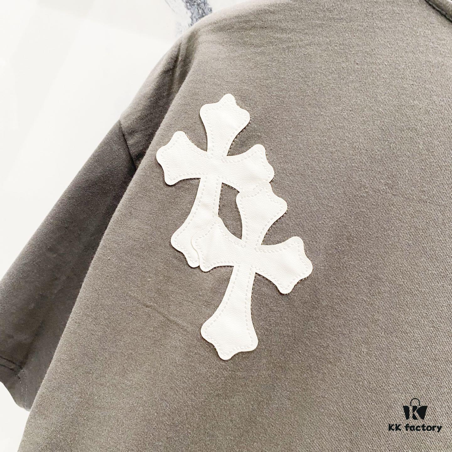 Chrome Hearts 320g Washed Cotton Short Sleeve T-Shirt with Embroidered Logo, Leather Patch and Cross Design