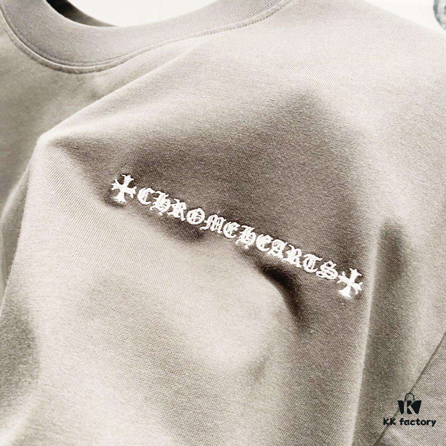 Chrome Hearts 320g Washed Cotton Short Sleeve T-Shirt with Embroidered Logo, Leather Patch and Cross Design