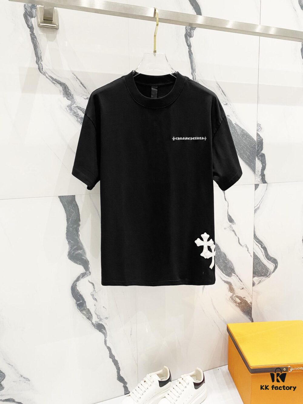 Chrome Hearts 320g Washed Short Sleeve T-Shirt with Embroidered Logo, Leather Patch and Cross Design