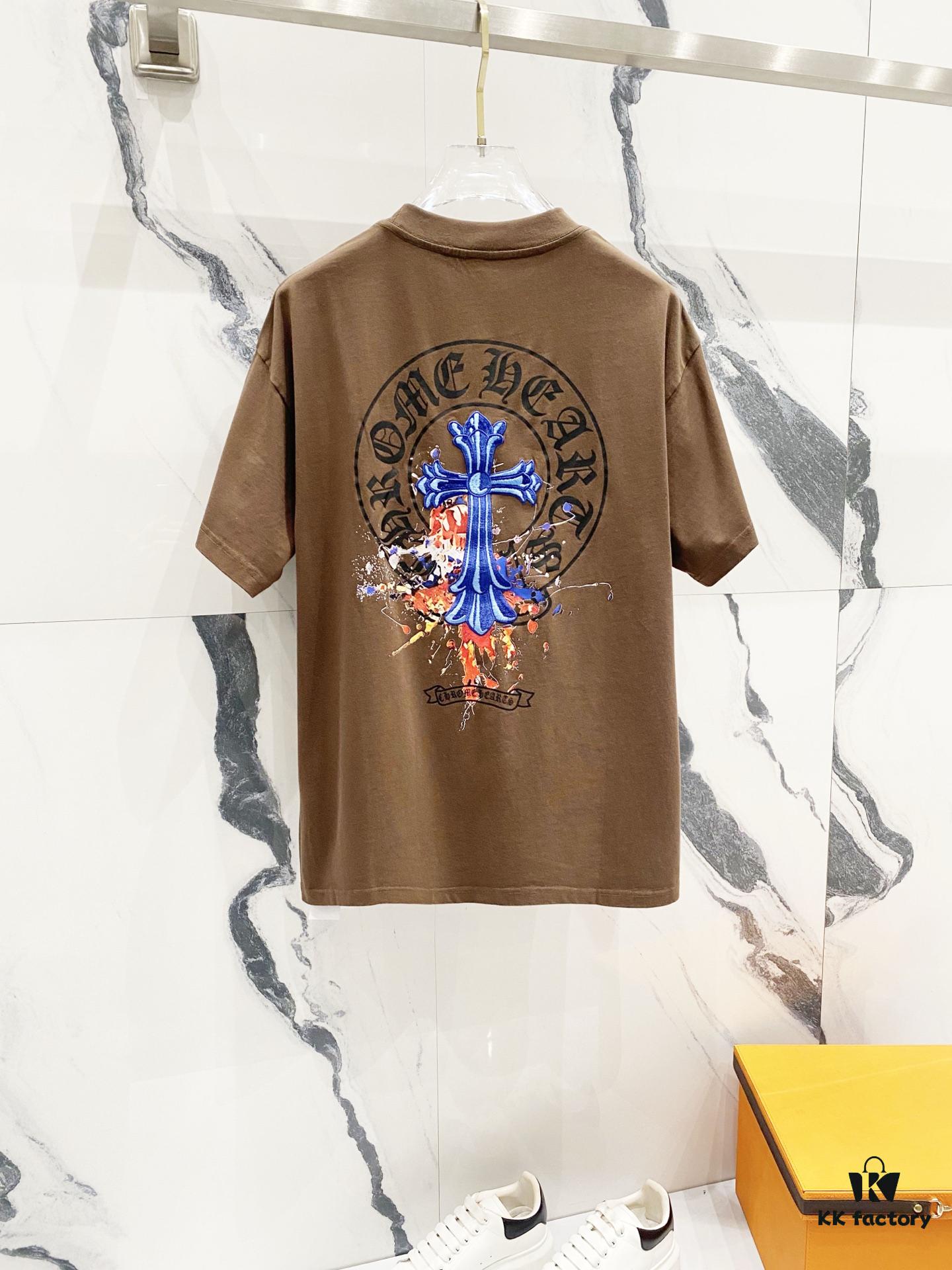 Chrome Hearts 320g Washed Short Sleeve T-Shirt with Sanskrit Logo and Cross Embroidery