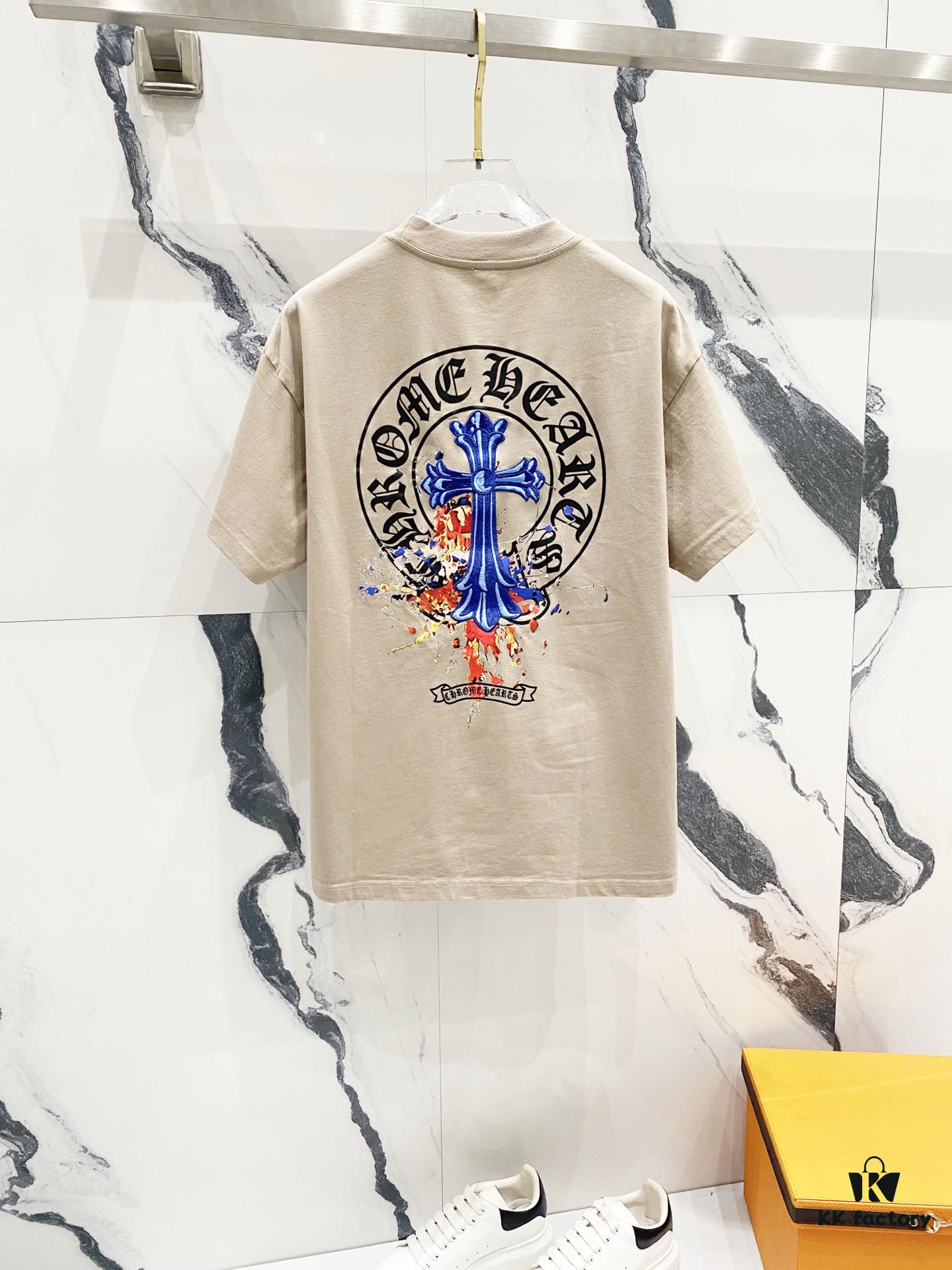 Chrome Hearts 320g Washed Short Sleeve T-Shirt with Sanskrit Logo and Cross Embroidery