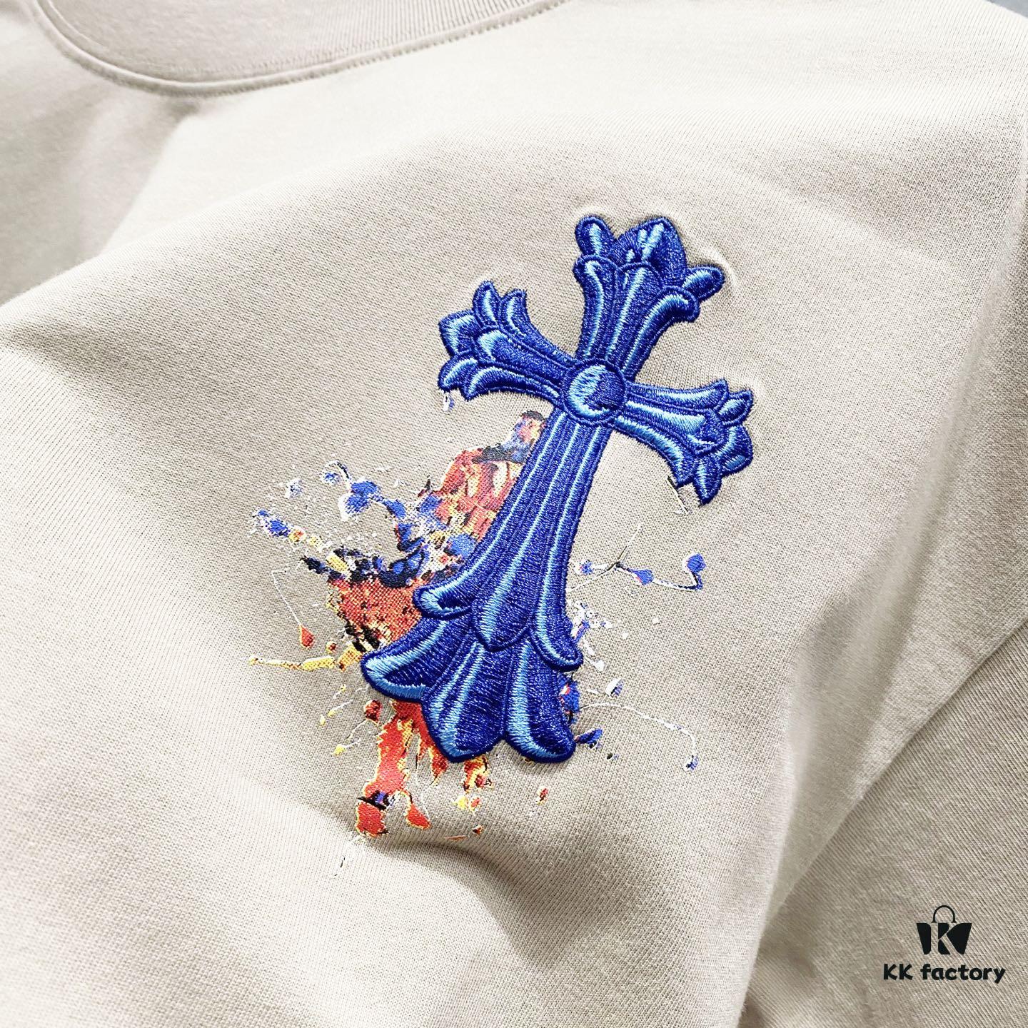 Chrome Hearts 320g Washed Short Sleeve T-Shirt with Sanskrit Logo and Cross Embroidery