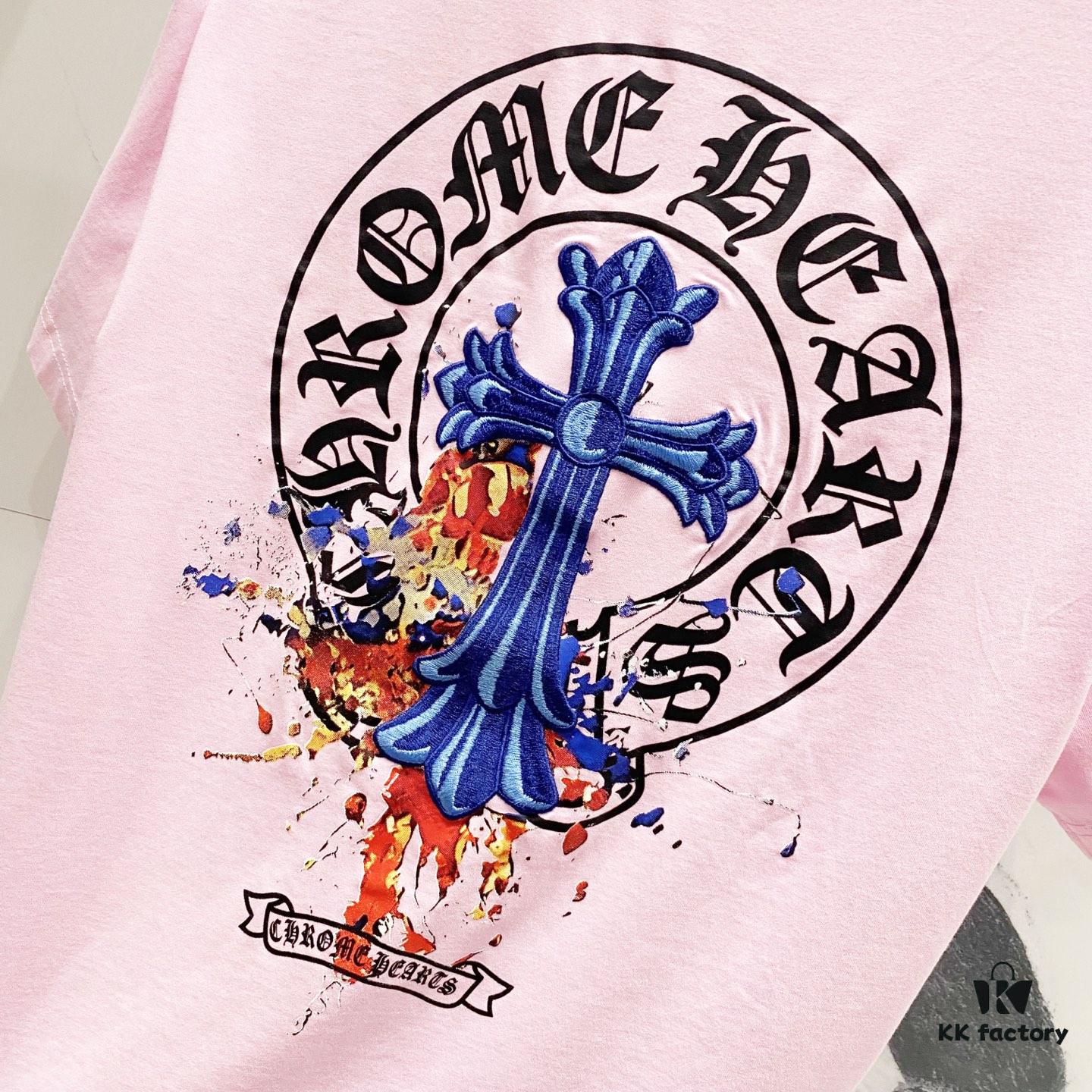 Chrome Hearts 320g Washed Cotton Short Sleeve T-Shirt with Sanskrit Logo and Cross Embroidery