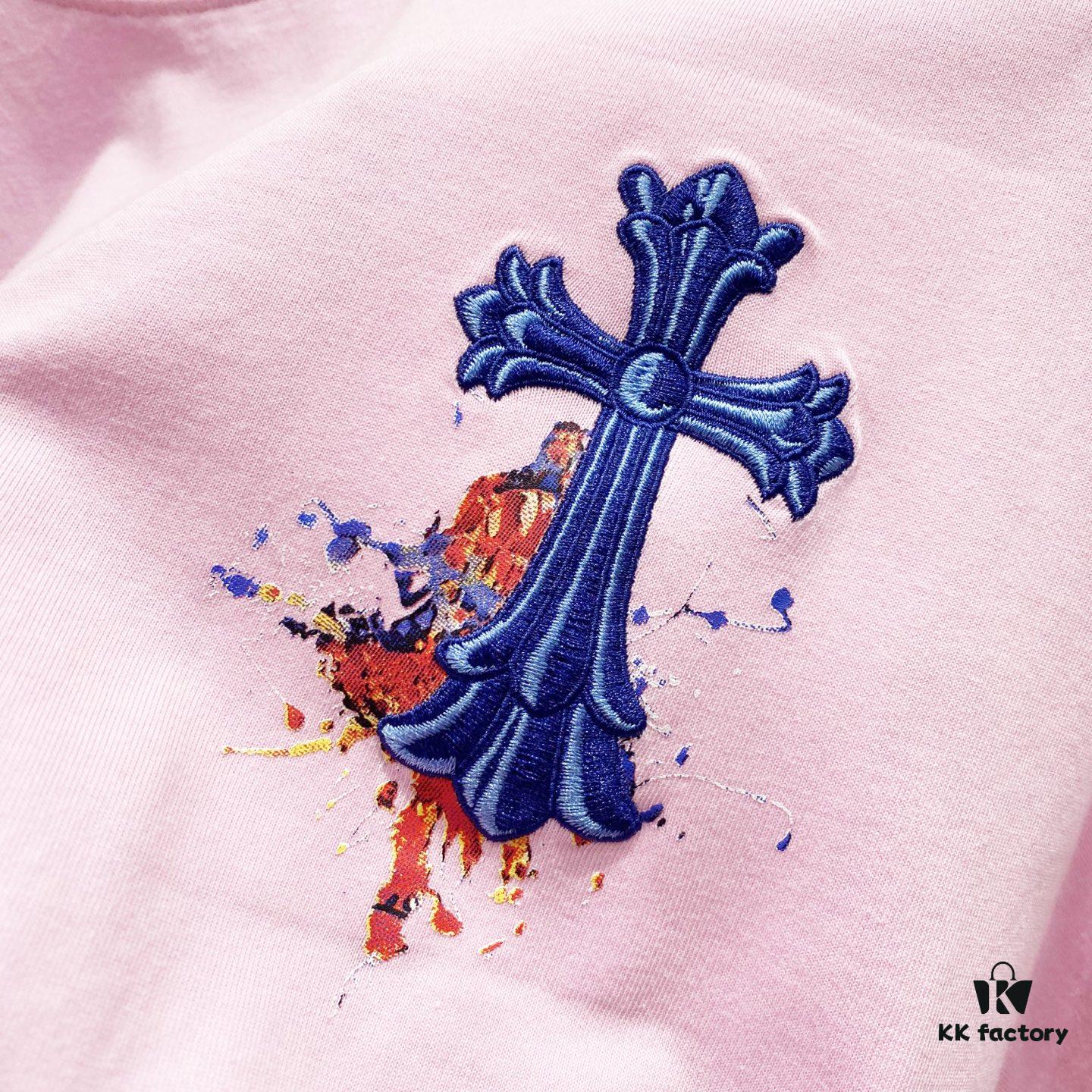 Chrome Hearts 320g Washed Cotton Short Sleeve T-Shirt with Sanskrit Logo and Cross Embroidery