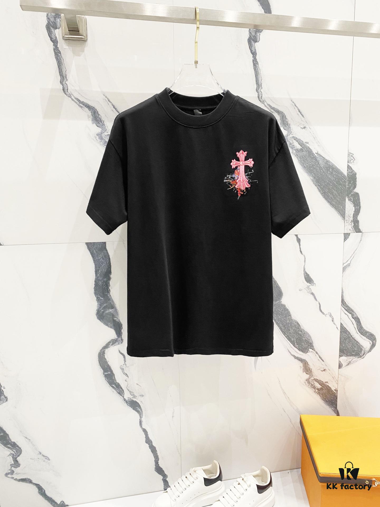 Chrome Hearts 320g Washed Short Sleeve T-Shirt with Sanskrit Logo and Cross Embroidery