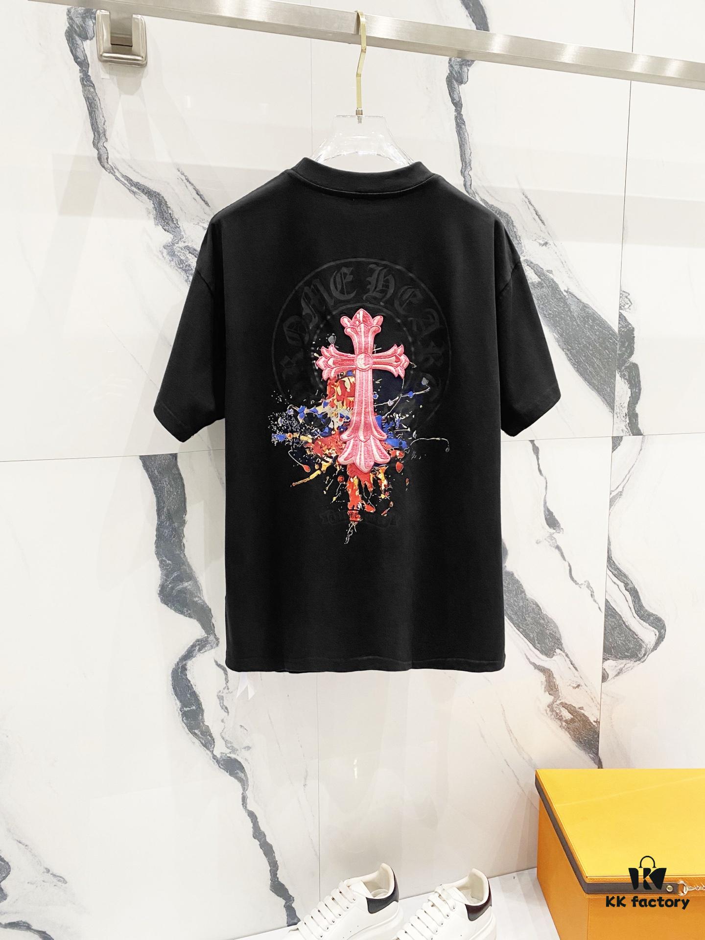 Chrome Hearts 320g Washed Short Sleeve T-Shirt with Sanskrit Logo and Cross Embroidery