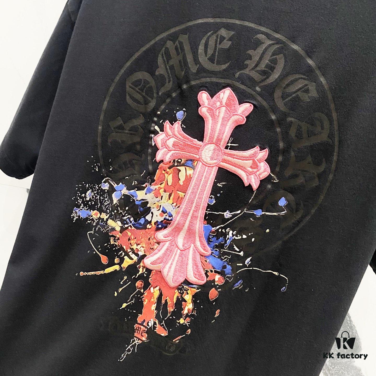 Chrome Hearts 320g Washed Short Sleeve T-Shirt with Sanskrit Logo and Cross Embroidery