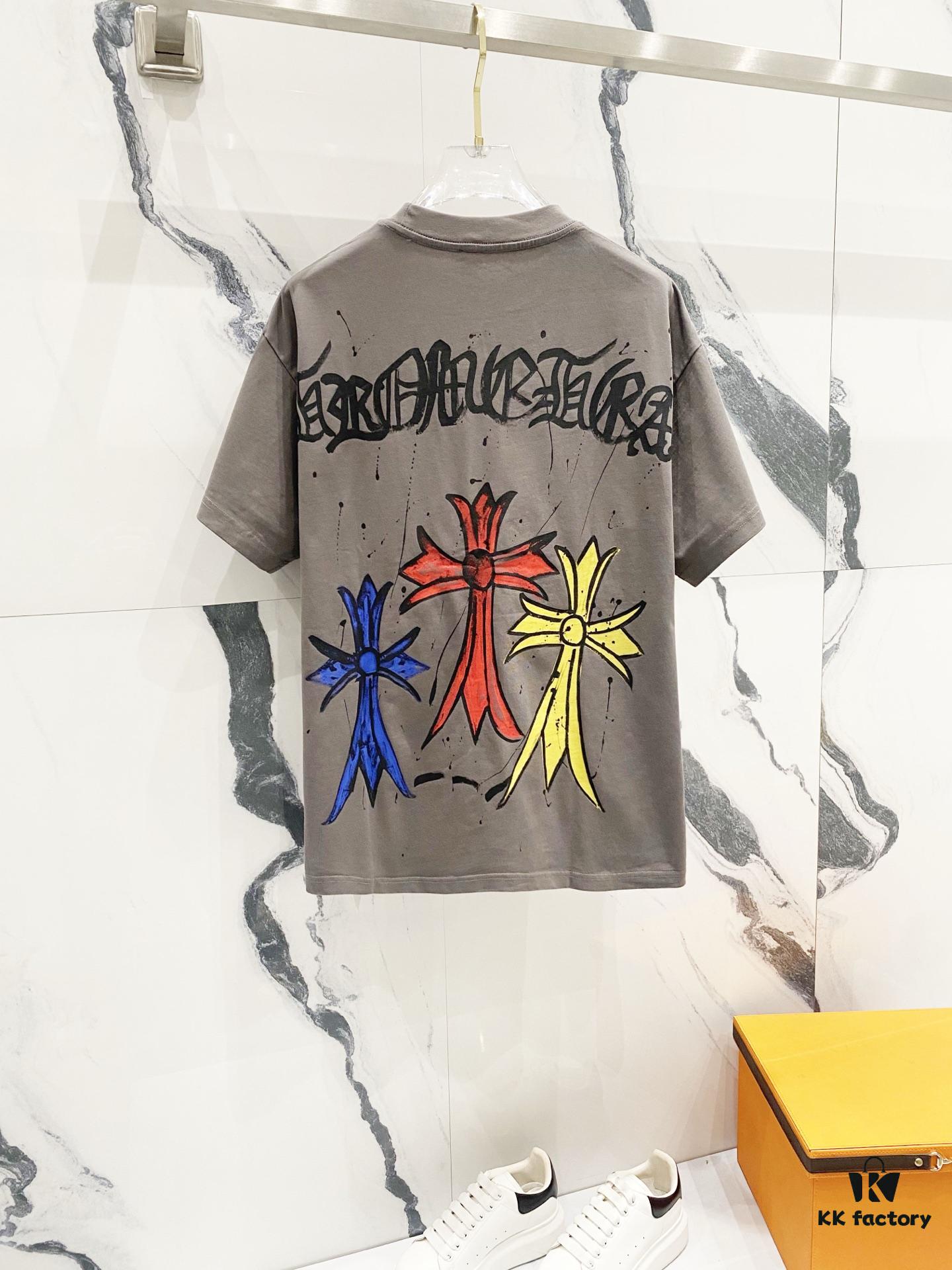 Chrome Hearts 320g Washed Short Sleeve T-Shirt with Front and Back Colorful Cross Sanskrit Logo Print