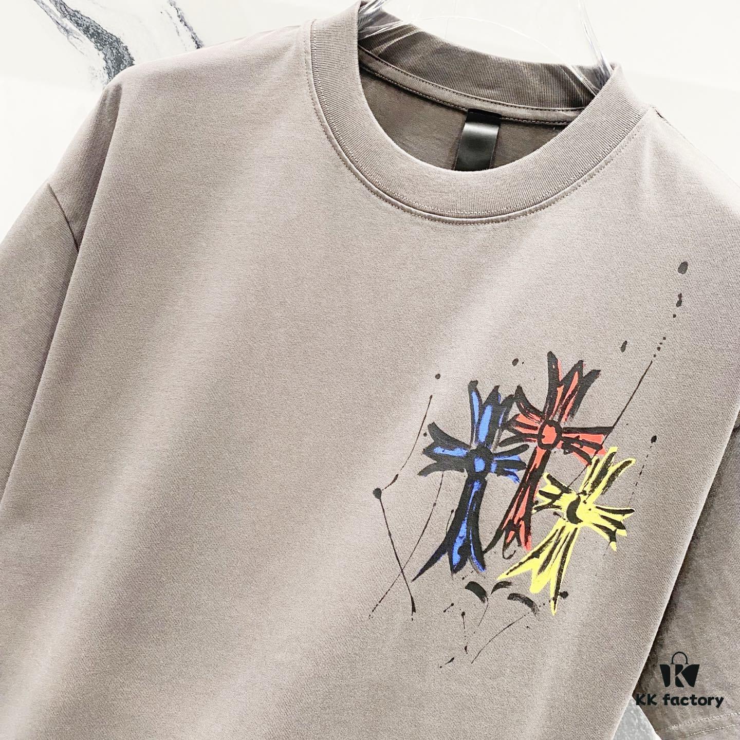 Chrome Hearts 320g Washed Short Sleeve T-Shirt with Front and Back Colorful Cross Sanskrit Logo Print