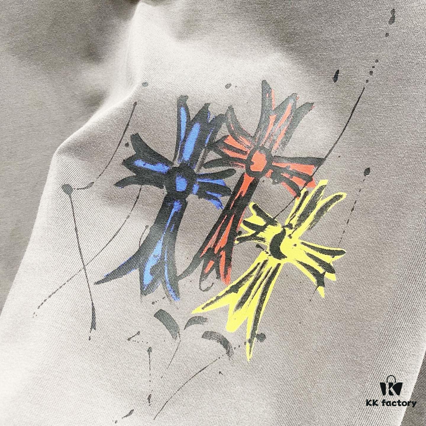 Chrome Hearts 320g Washed Short Sleeve T-Shirt with Front and Back Colorful Cross Sanskrit Logo Print