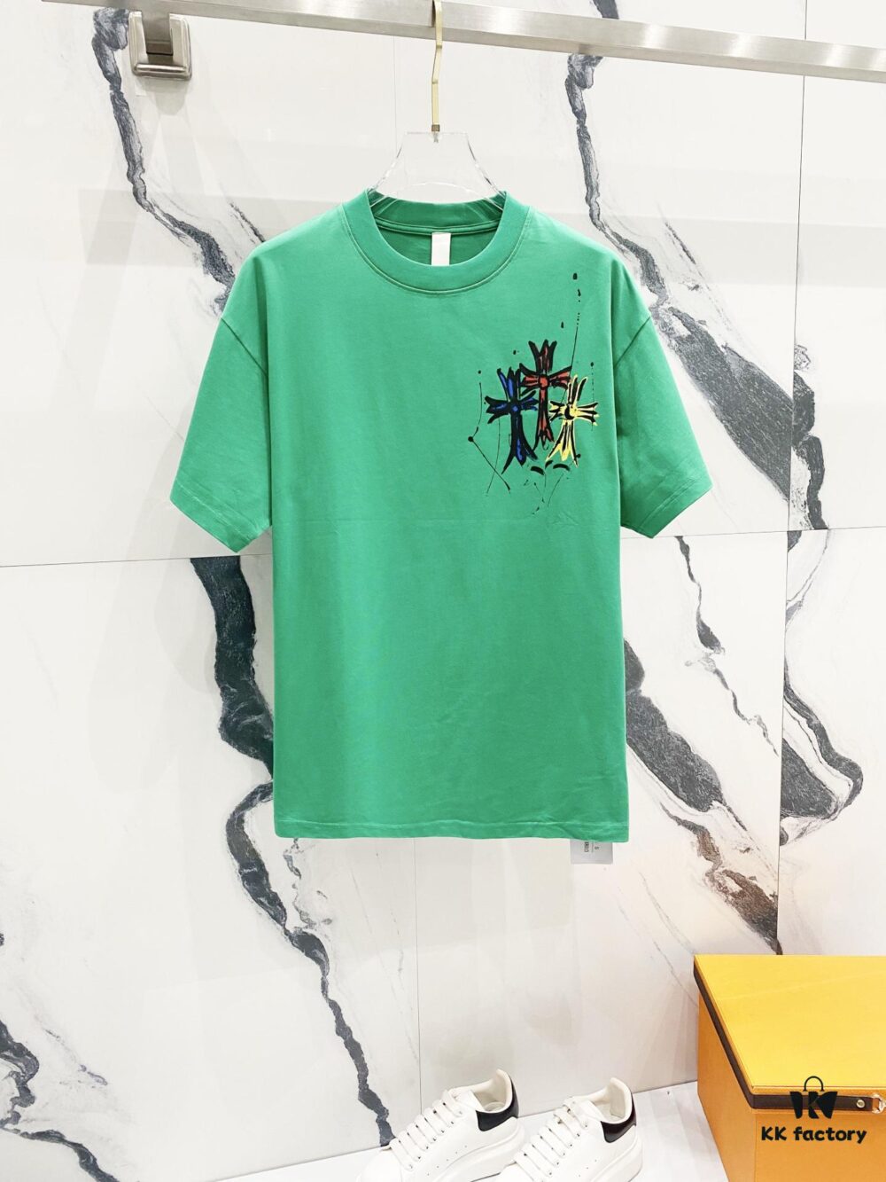 Chrome Hearts 320g Washed Short Sleeve T-Shirt with Front and Back Colorful Cross Sanskrit Logo Print