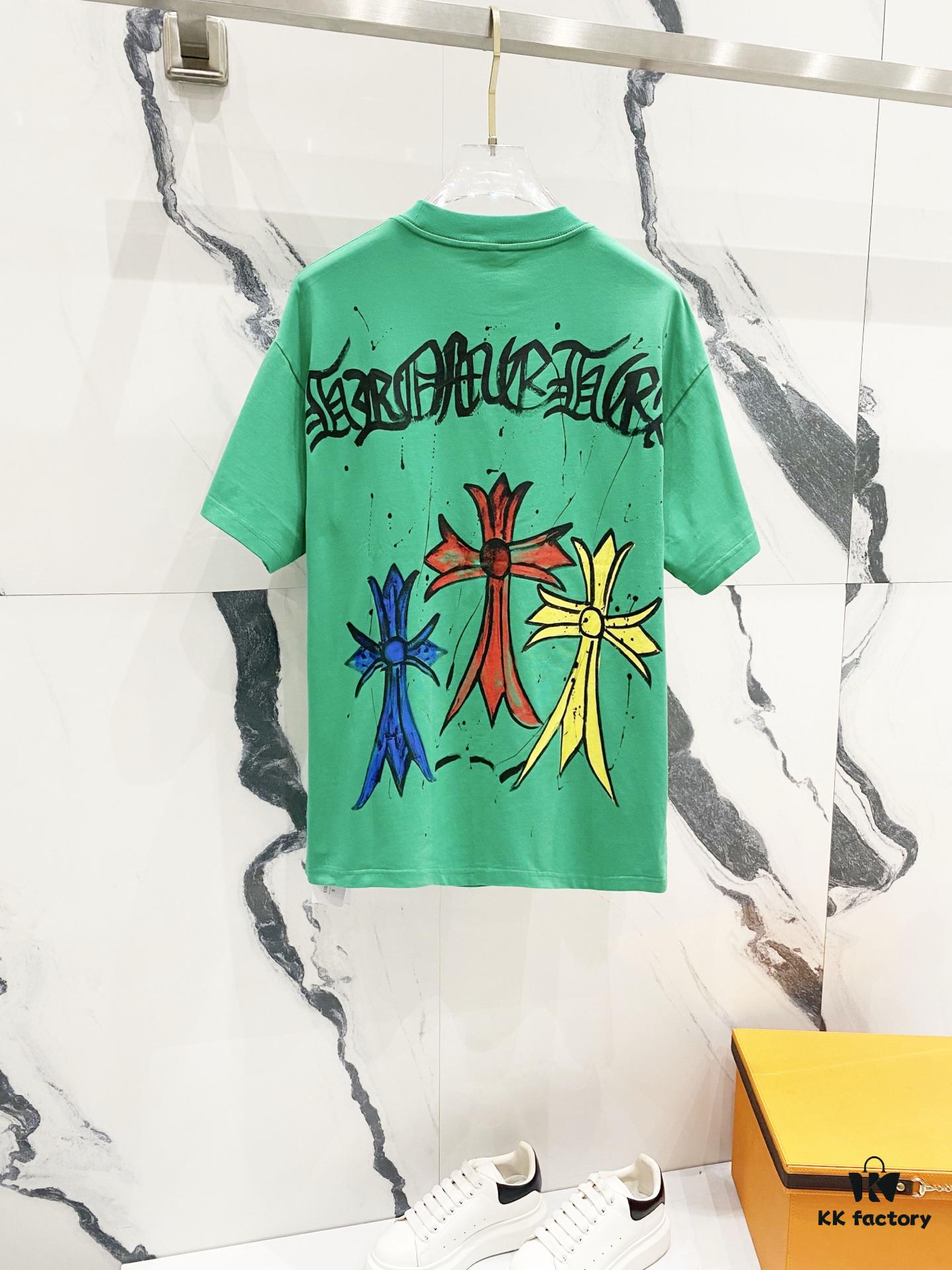 Chrome Hearts 320g Washed Short Sleeve T-Shirt with Front and Back Colorful Cross Sanskrit Logo Print