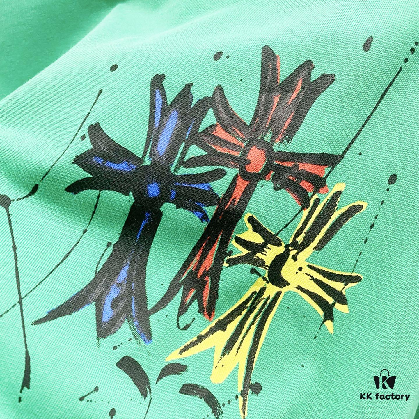 Chrome Hearts 320g Washed Short Sleeve T-Shirt with Front and Back Colorful Cross Sanskrit Logo Print