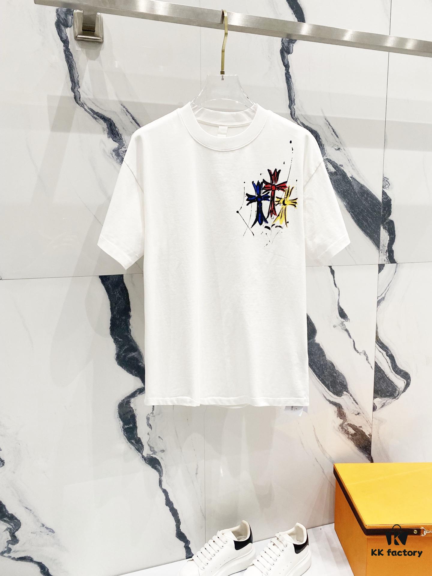 Chrome Hearts 320g Washed Short Sleeve T-Shirt with Front and Back Colorful Cross Sanskrit Logo Print