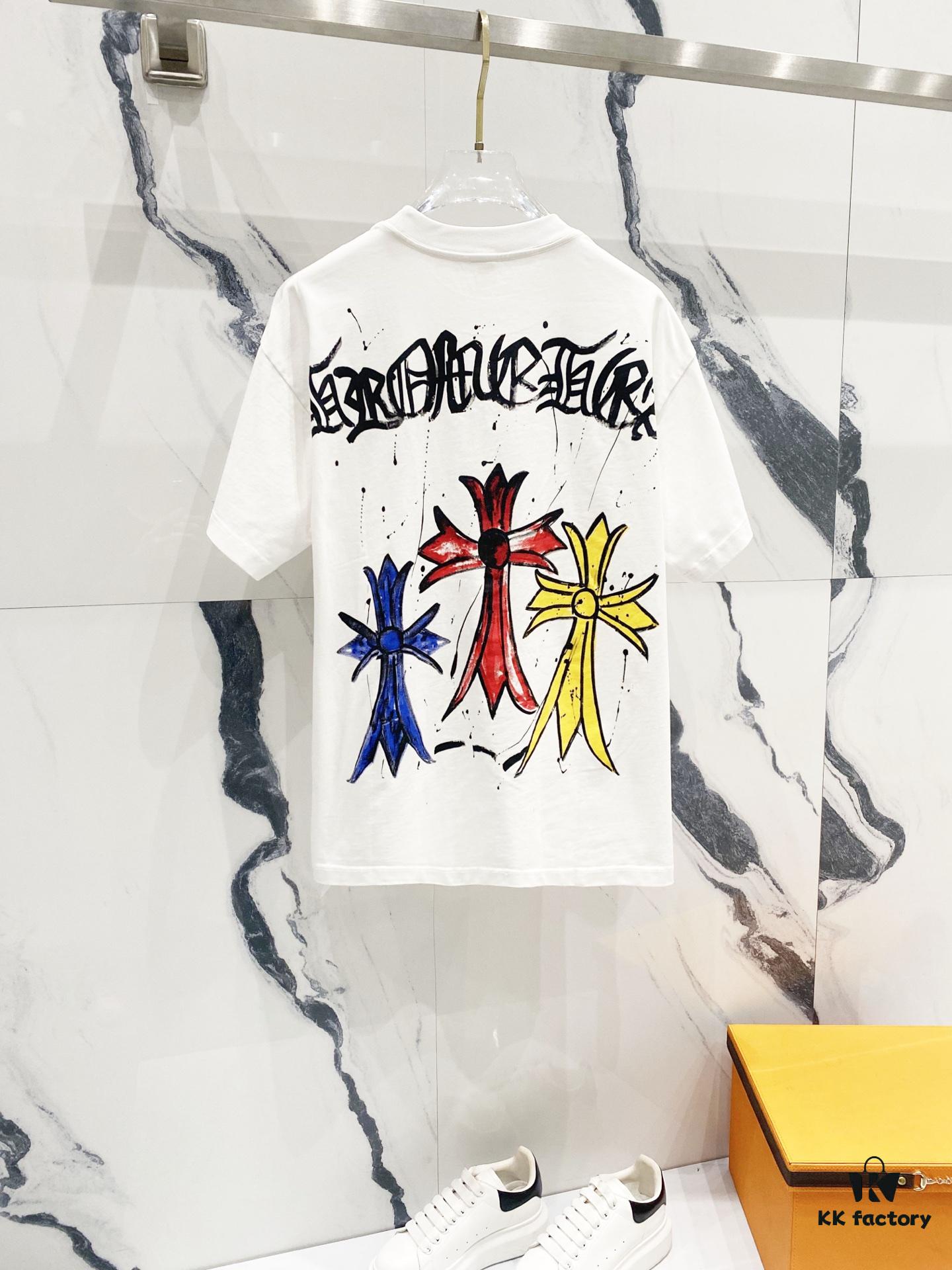 Chrome Hearts 320g Washed Short Sleeve T-Shirt with Front and Back Colorful Cross Sanskrit Logo Print