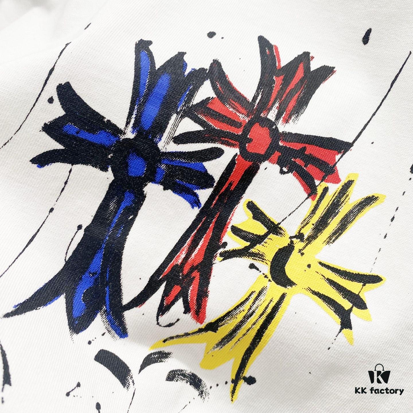 Chrome Hearts 320g Washed Short Sleeve T-Shirt with Front and Back Colorful Cross Sanskrit Logo Print