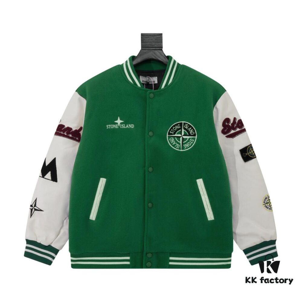 Stone Island 24FW Premium Leather-Patched Baseball Jacket with Embroidered Logo