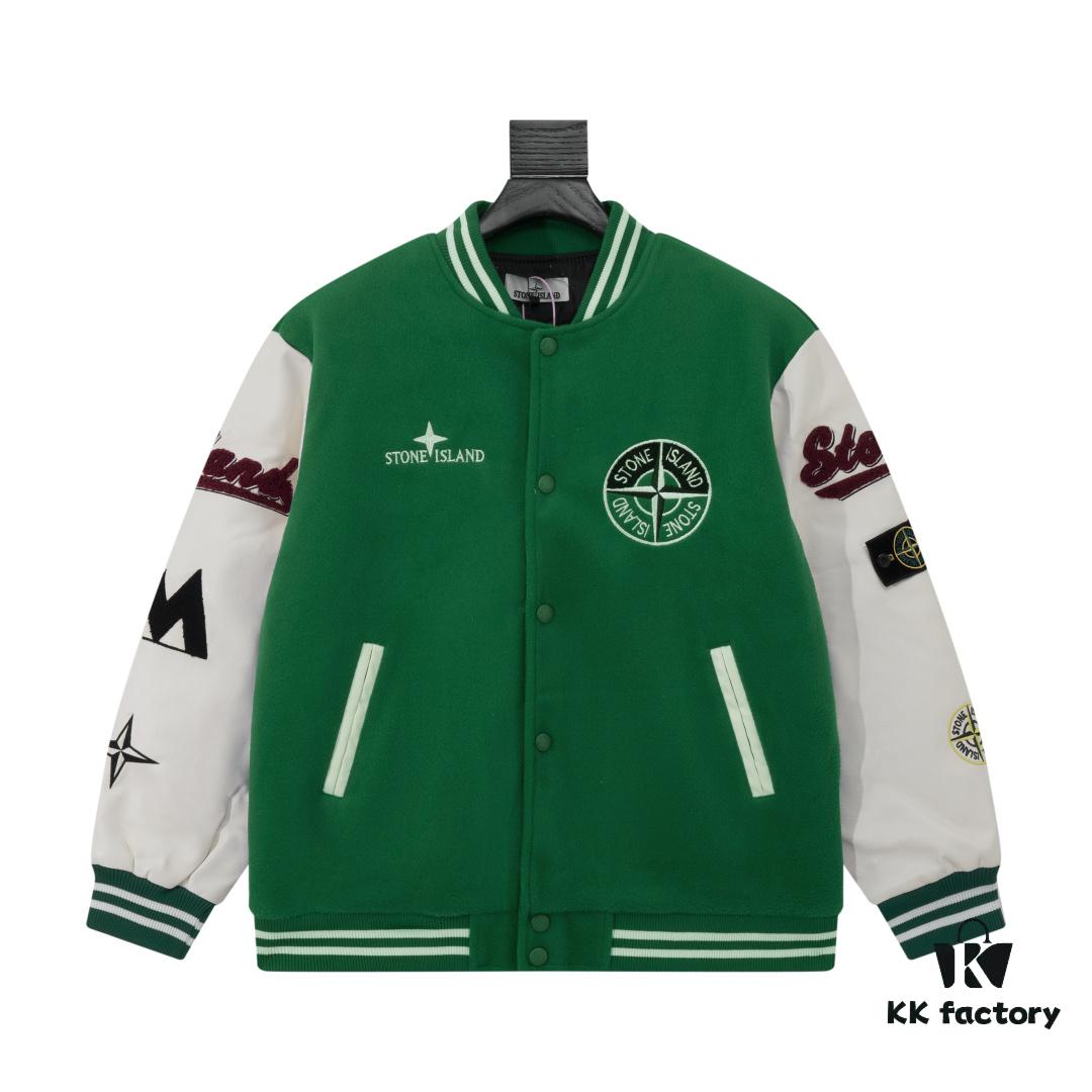 Stone Island 24FW Premium Leather-Patched Baseball Jacket with Embroidered Logo