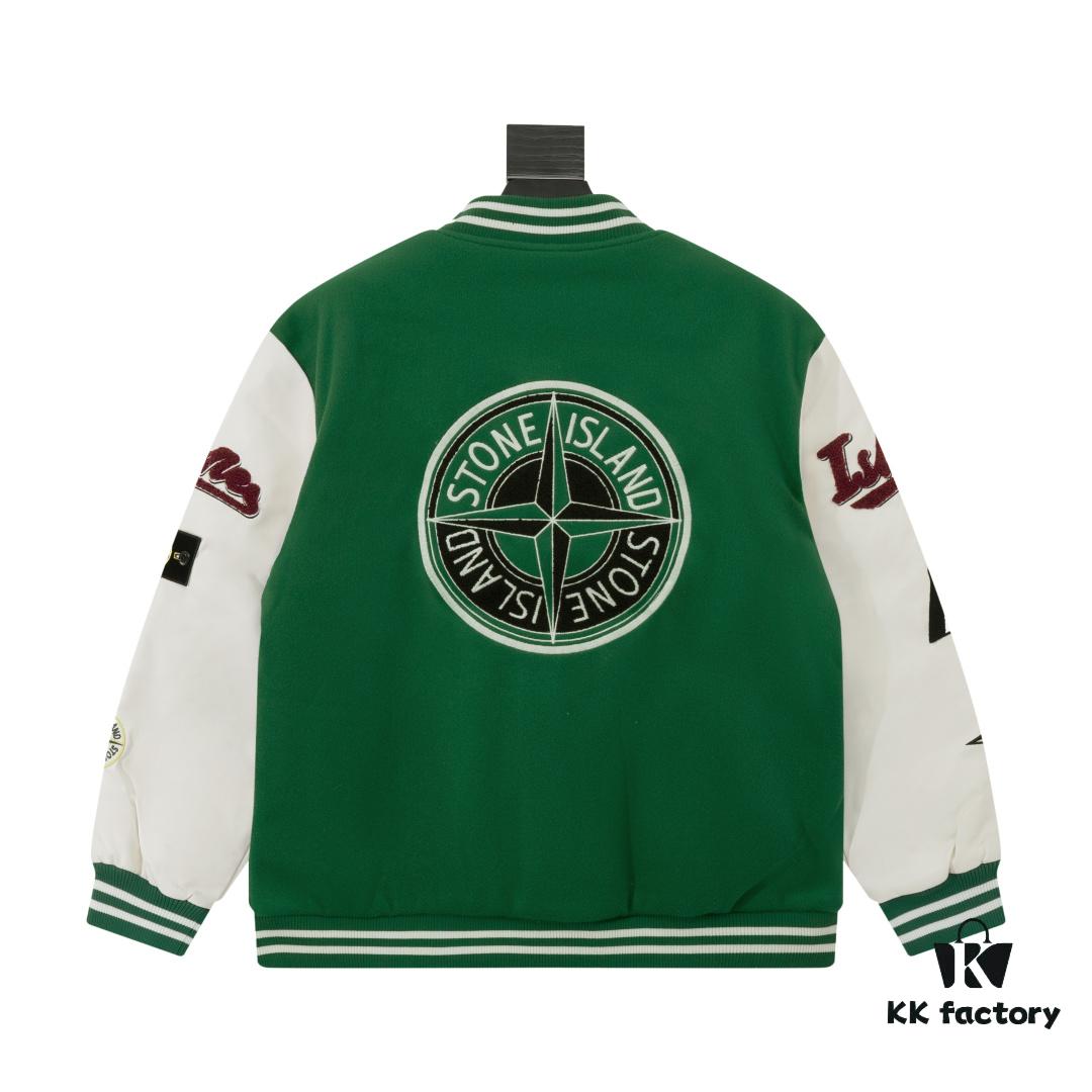 Stone Island 24FW Premium Leather-Patched Baseball Jacket with Embroidered Logo