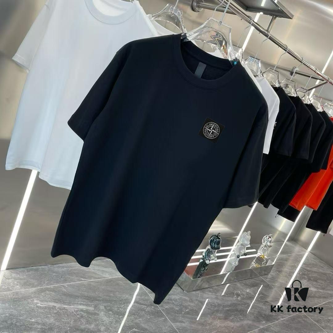 Stone Island 2025 Spring Collection Short Sleeve T-Shirt with Hand-Customized Logo on Chest, Pure Cotton Fabric, 260g Same-Dye-Batch Material, OS Drop-Shoulder Fit