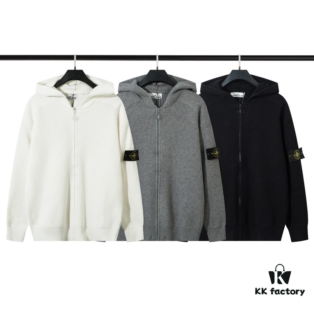 909# Stone Island Zipper Open-Front Hooded Knit Sweater in Black, White, Gray