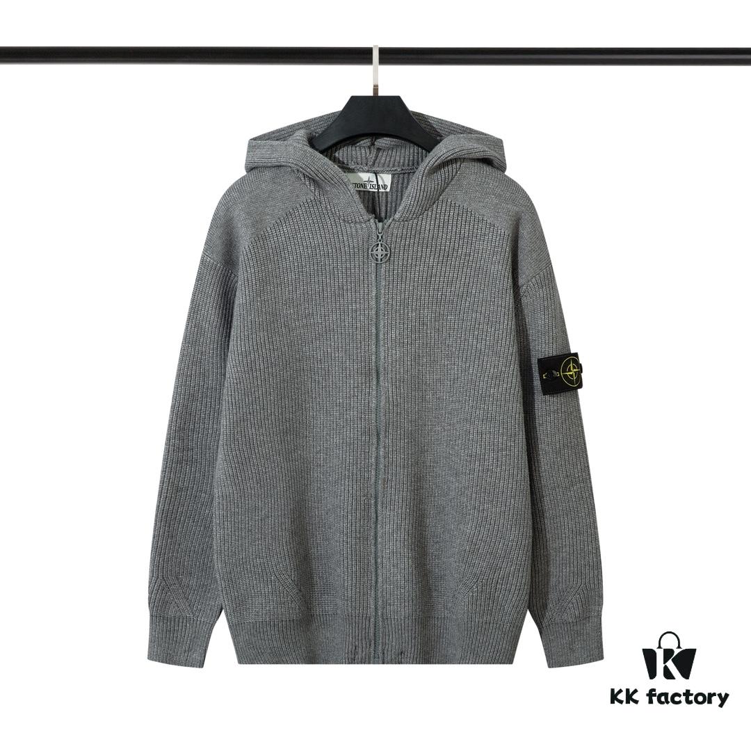 909# Stone Island Zipper Open-Front Hooded Knit Sweater in Black, White, Gray