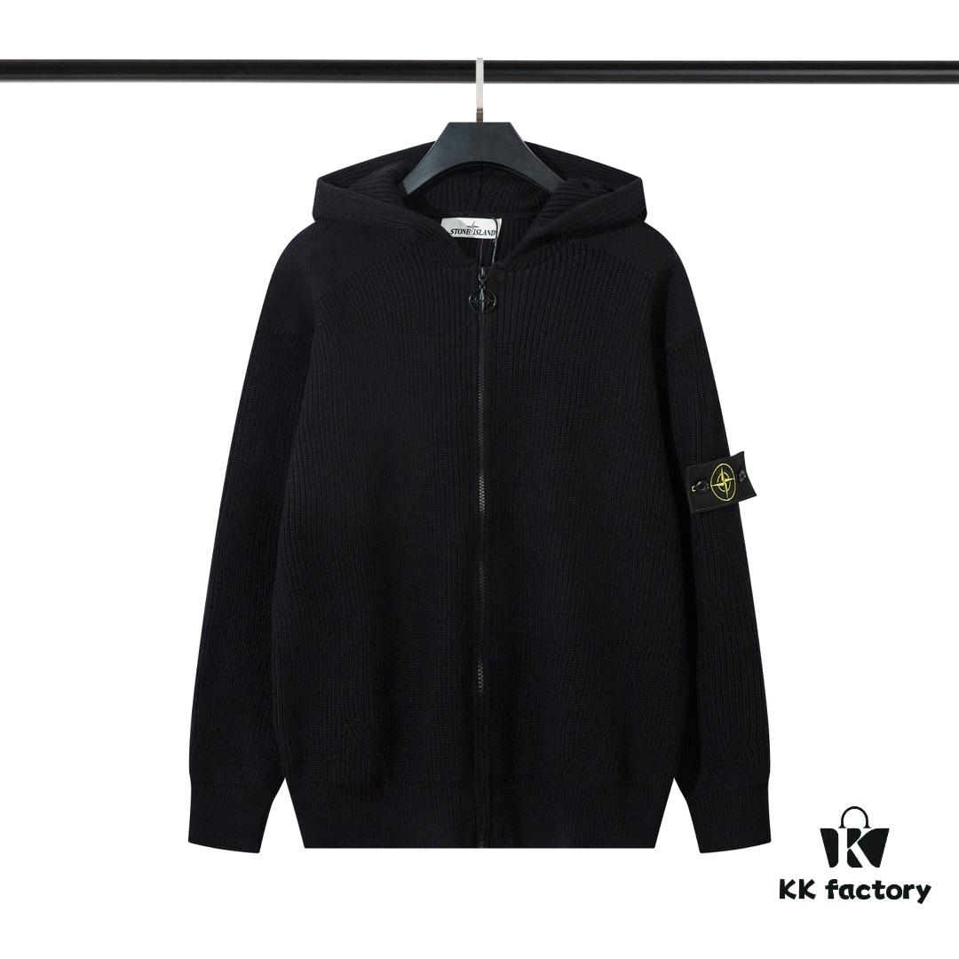 909# Stone Island Zipper Open-Front Hooded Knit Sweater in Black, White, Gray