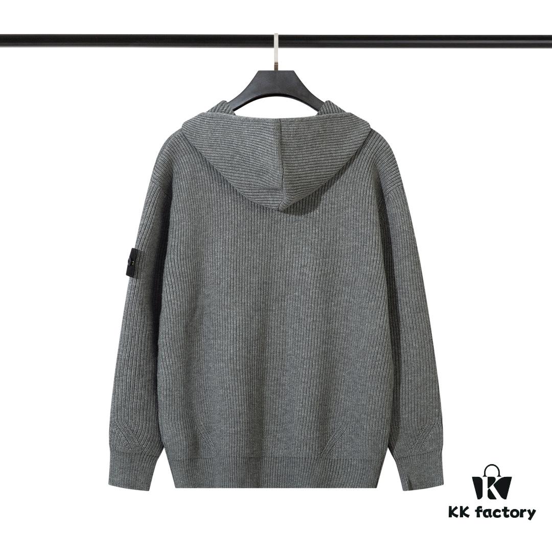 909# Stone Island Zipper Open-Front Hooded Knit Sweater in Black, White, Gray