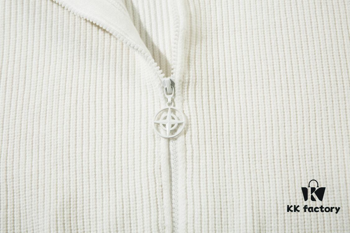 909# Stone Island Zipper Open-Front Hooded Knit Sweater in Black, White, Gray