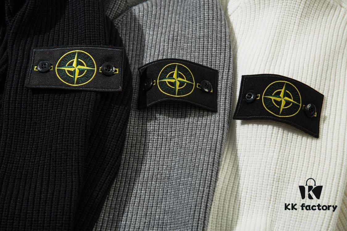 909# Stone Island Zipper Open-Front Hooded Knit Sweater in Black, White, Gray