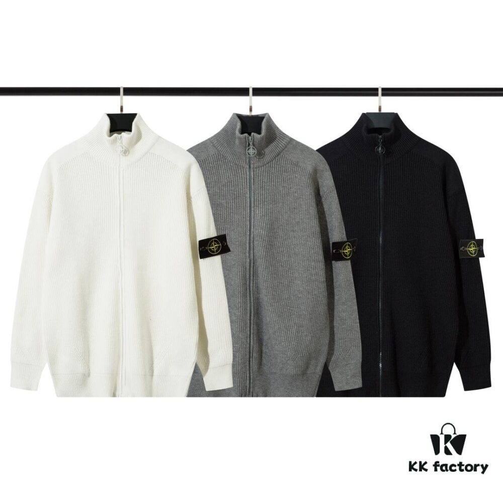 908# STONE ISLAND Knit Zip-Front Stand Collar Sweater. Black, White, Gray