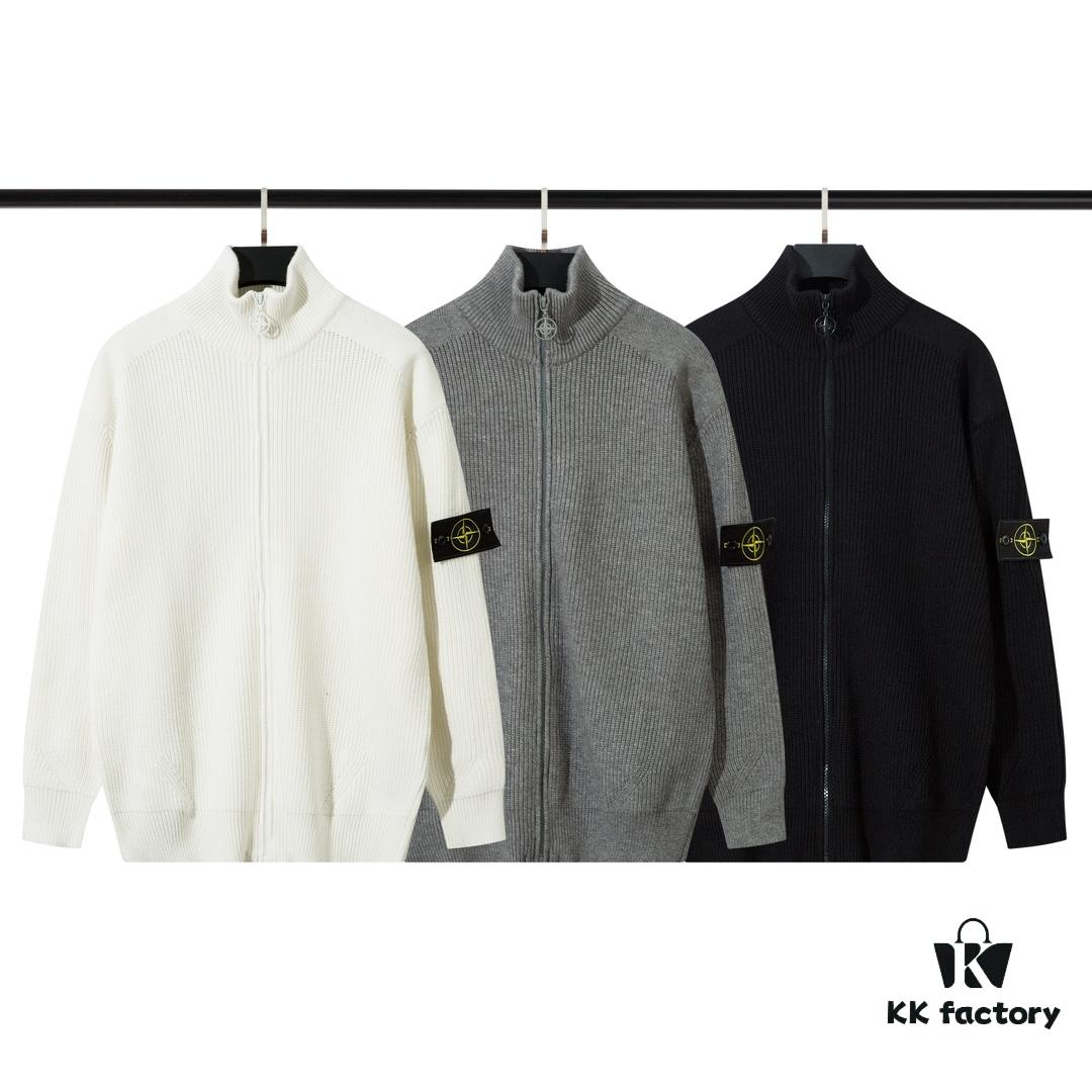 908# STONE ISLAND Knit Zip-Front Stand Collar Sweater. Black, White, Gray